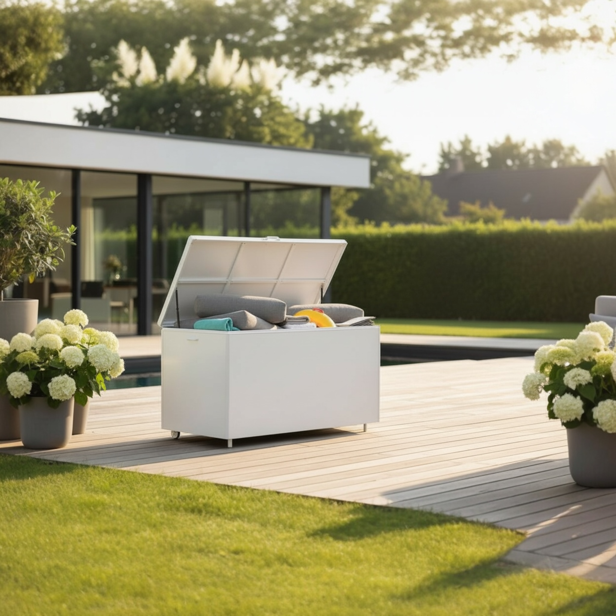 Beau coffre de jardin extérieur imperméable en aluminium blanc 