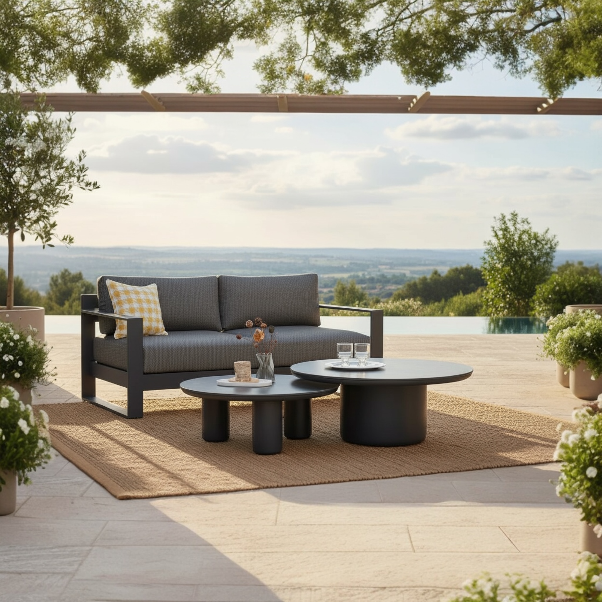 Canapé 2 places noir en aluminium haut de gamme avec coussins en tissu oléfine Sunproof, design premium modulable, ambiance.