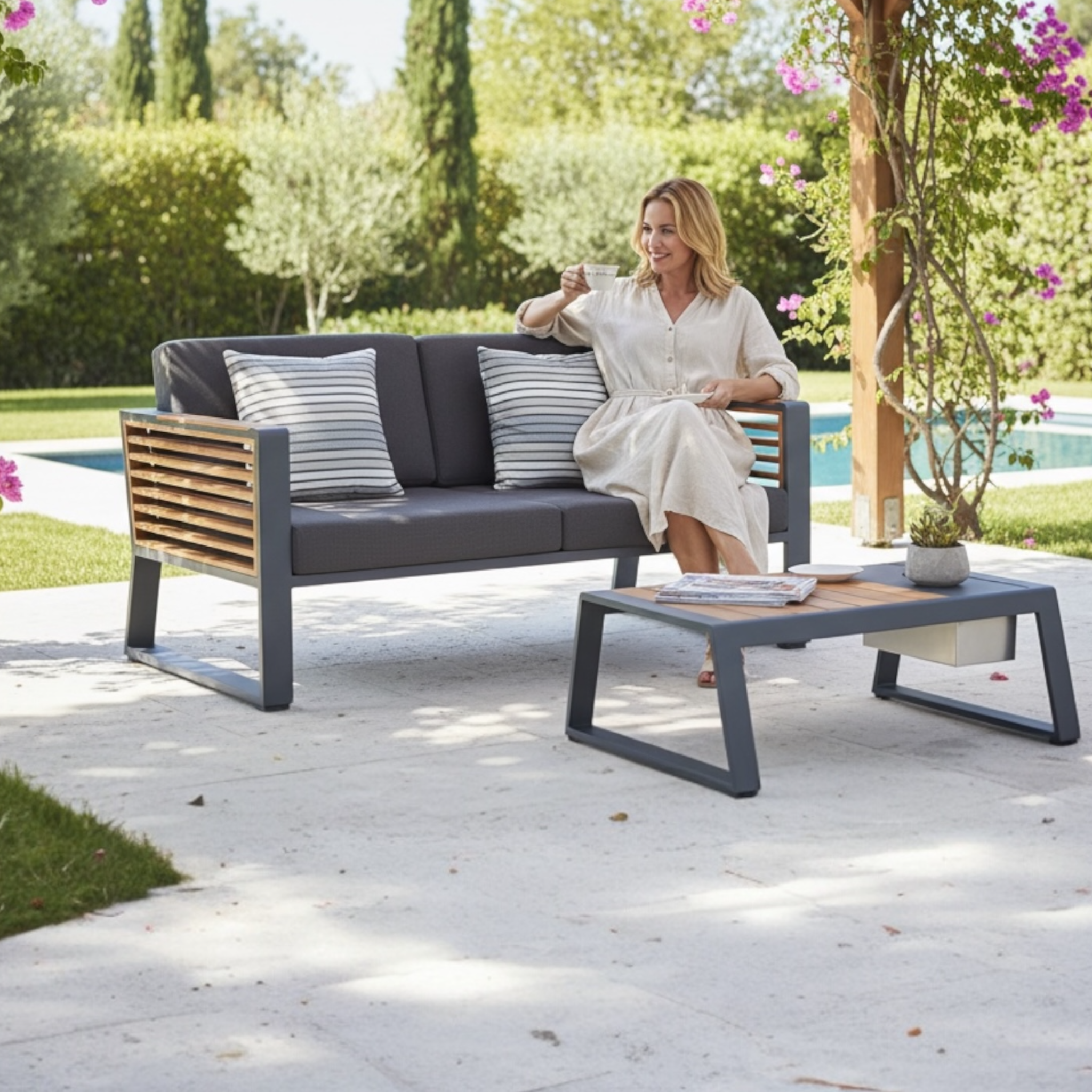 Canapé de jardin pour terrasse ou balcon 2 places en aluminium et teck 