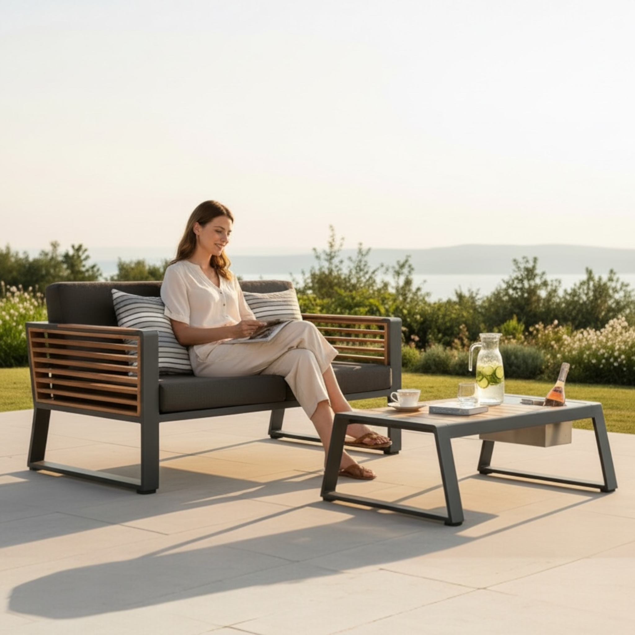 Canapé 2 places de jardin en aluminium et en teck FSC haut de gamme 