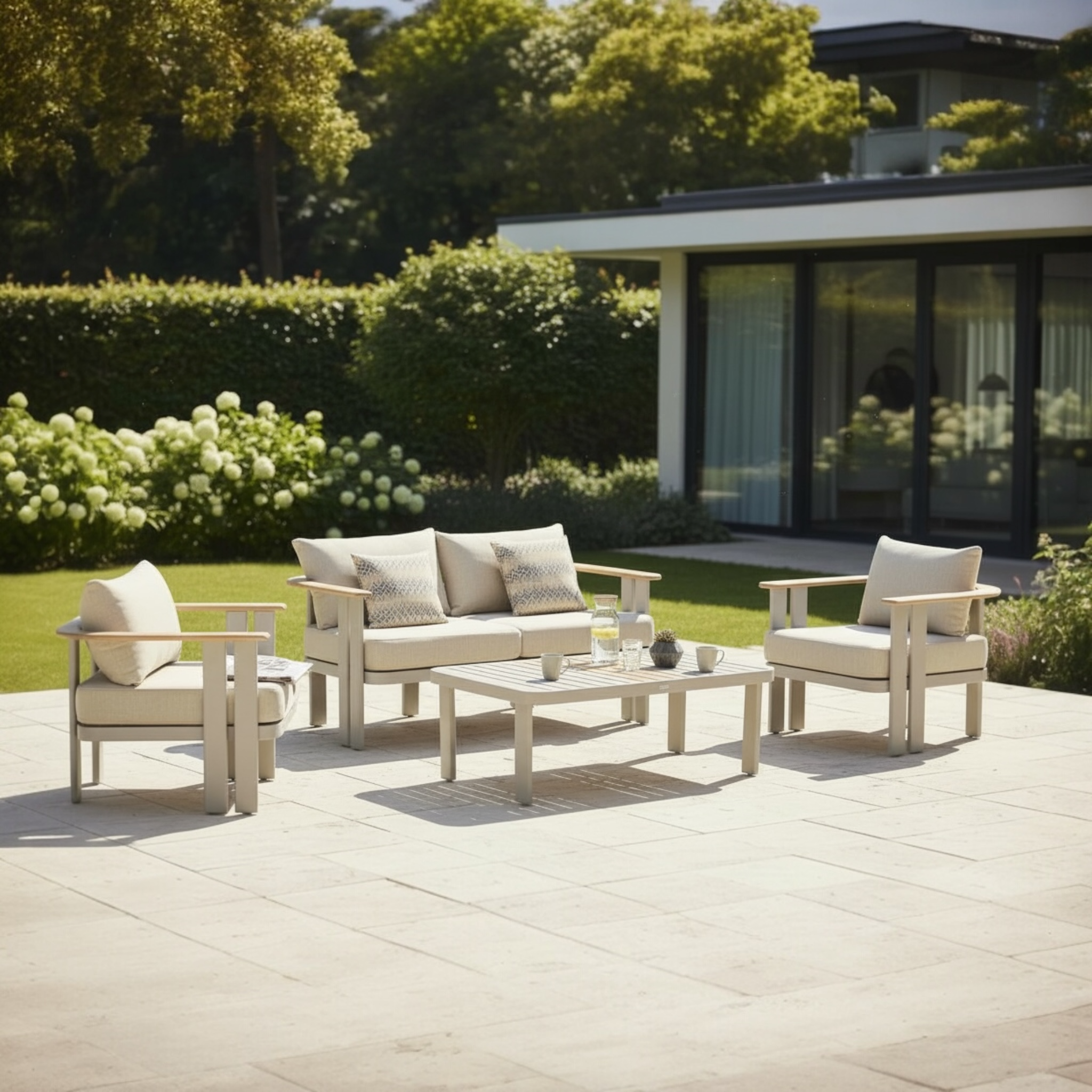 Vue d'ensemble sur salon de jardin 4 places en aluminium et en teck 