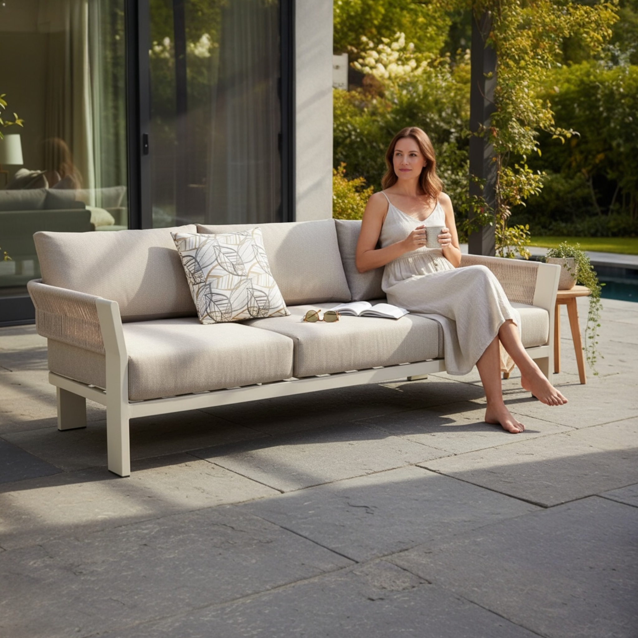 Canapé extérieur 3 places en aluminium blanc mat avec corde tressée beige, coussins déhoussables déperlants. 