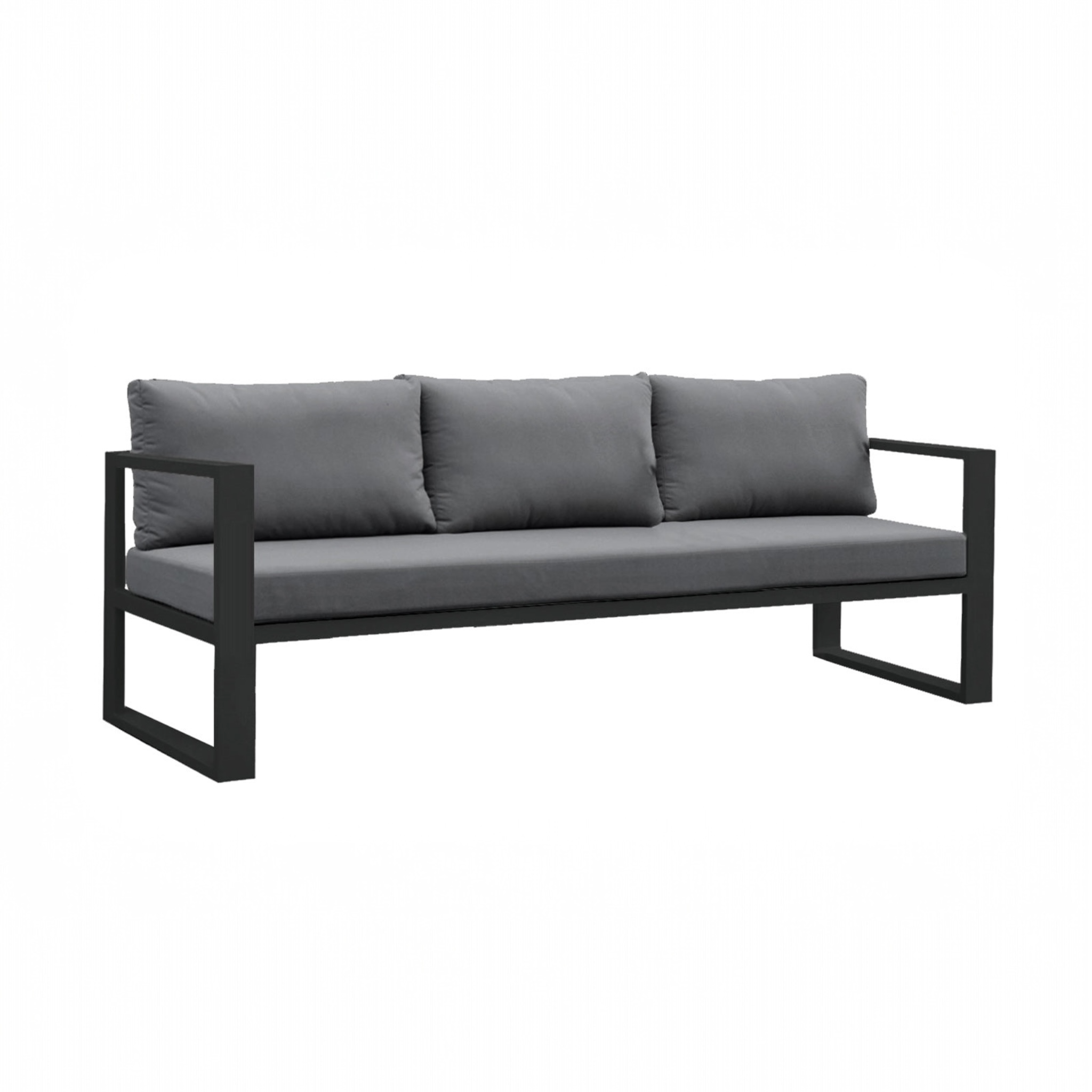 Canapé de jardin 3 places BELLY en aluminium noir avec coussins gris