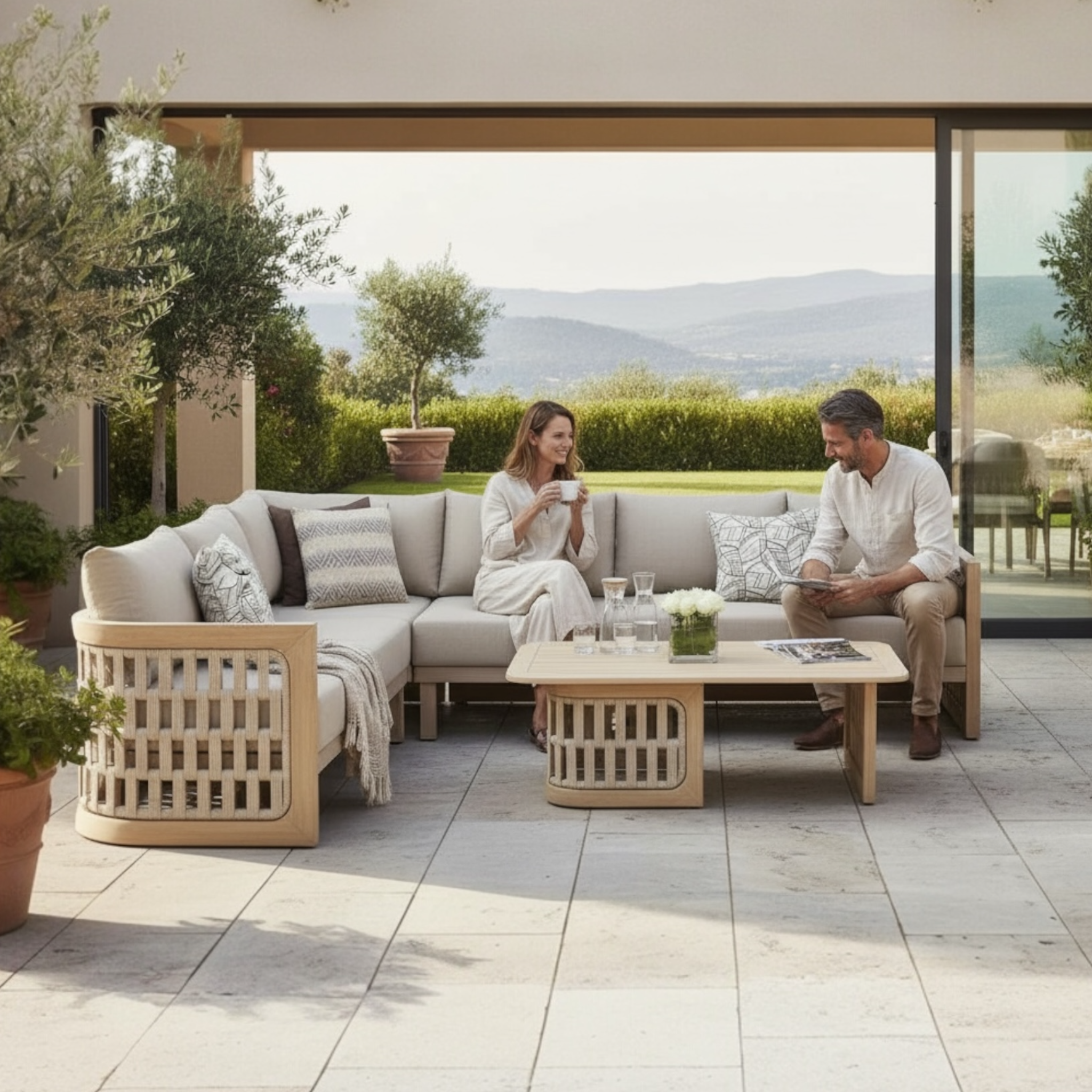 Mobilier d’angle PALMA en teck clair et corde tressée, coussins beige clair. 