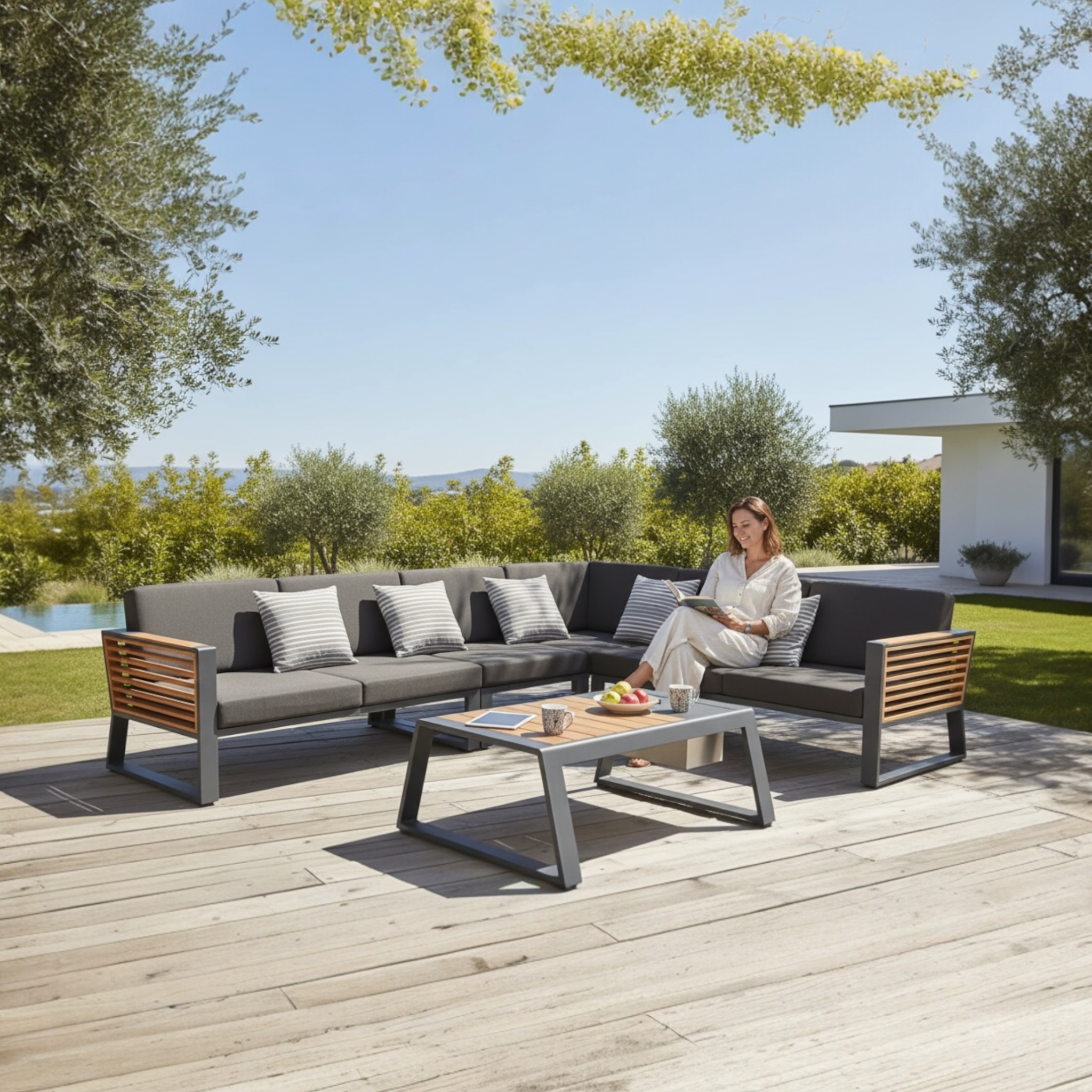 Canapé d’angle COFY en aluminium noir et teck, coussins noirs