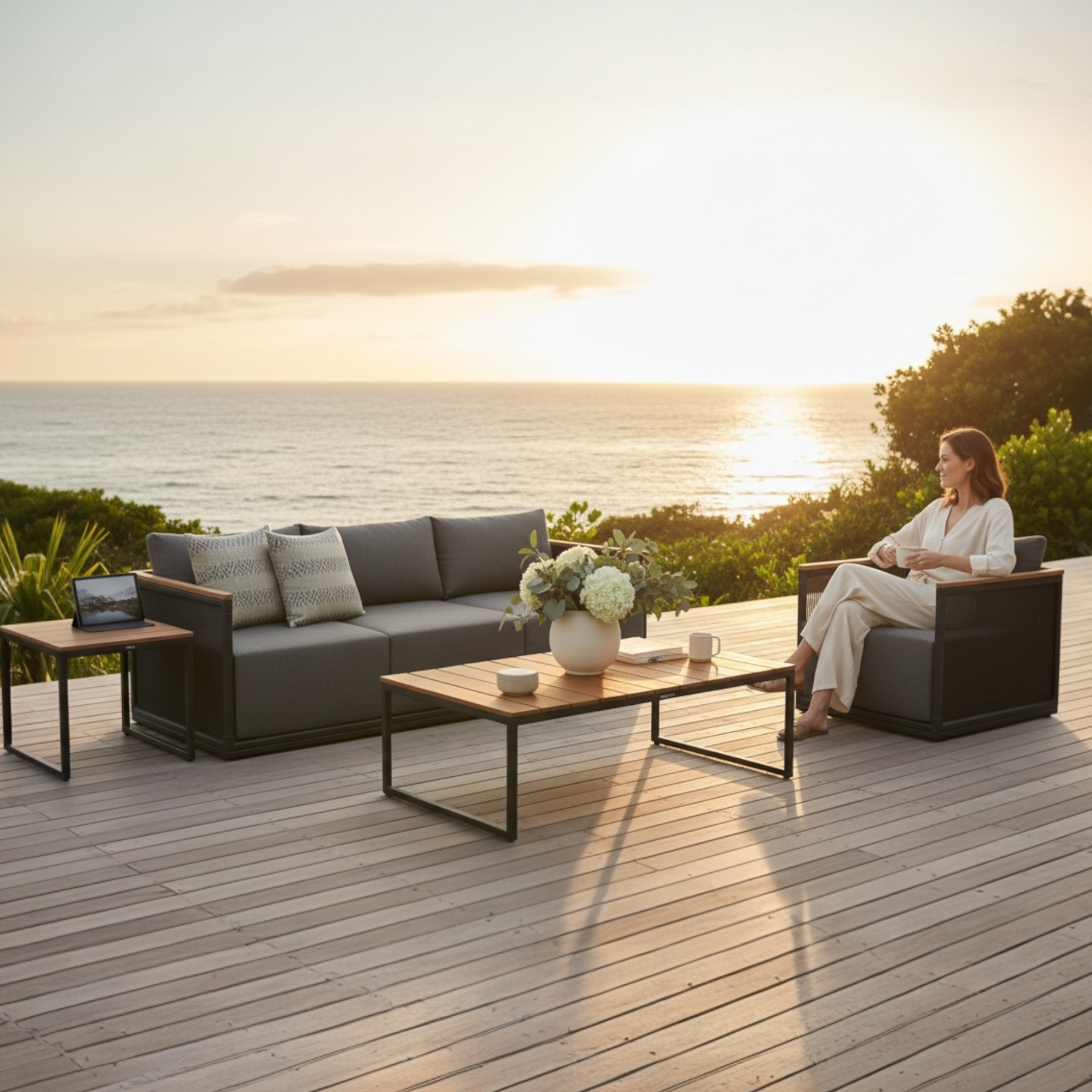 Bel ensemble de jardin en aluminium et en teck 5 places 