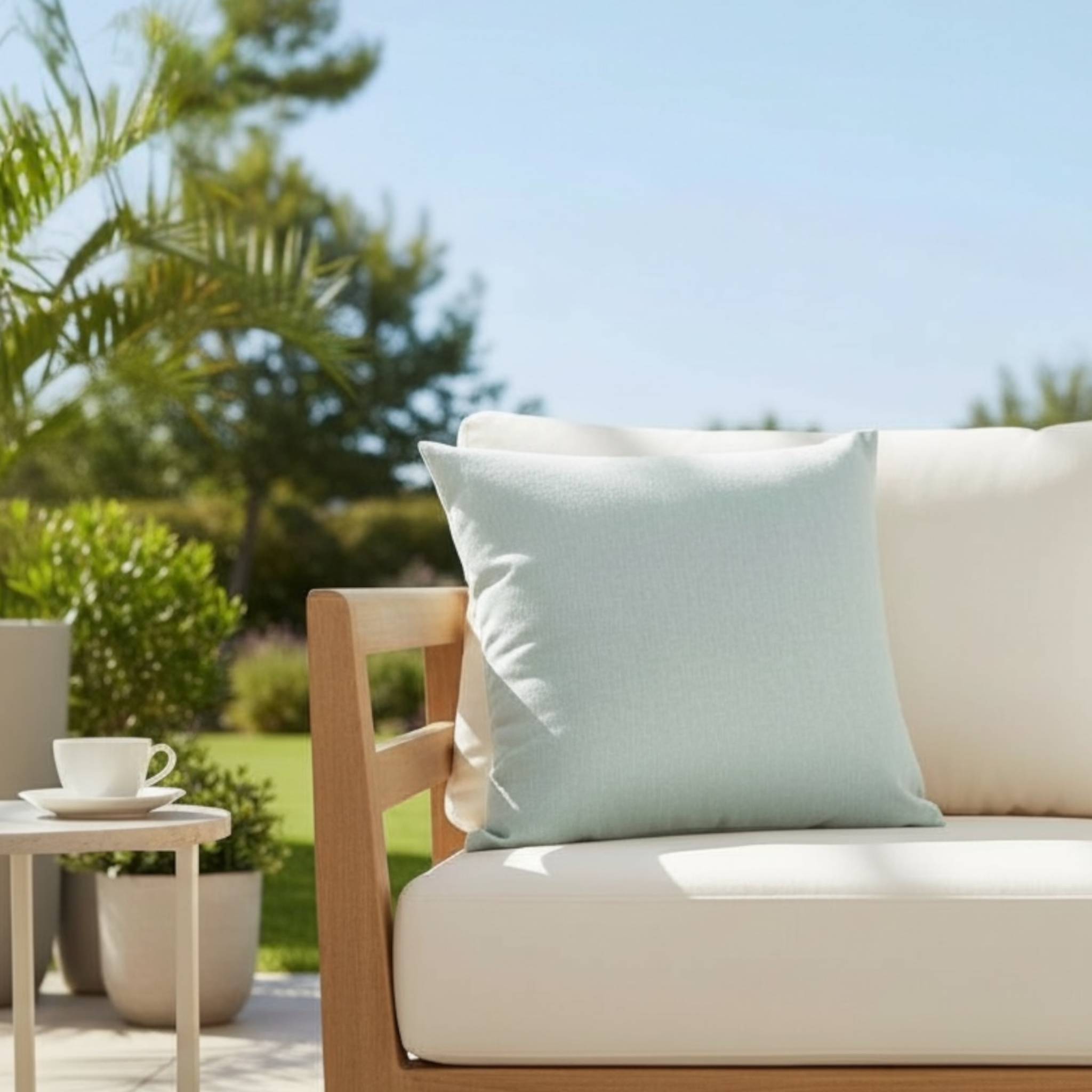 Coussin extérieur bleu pâle SUNBRELLA, vue inclinée