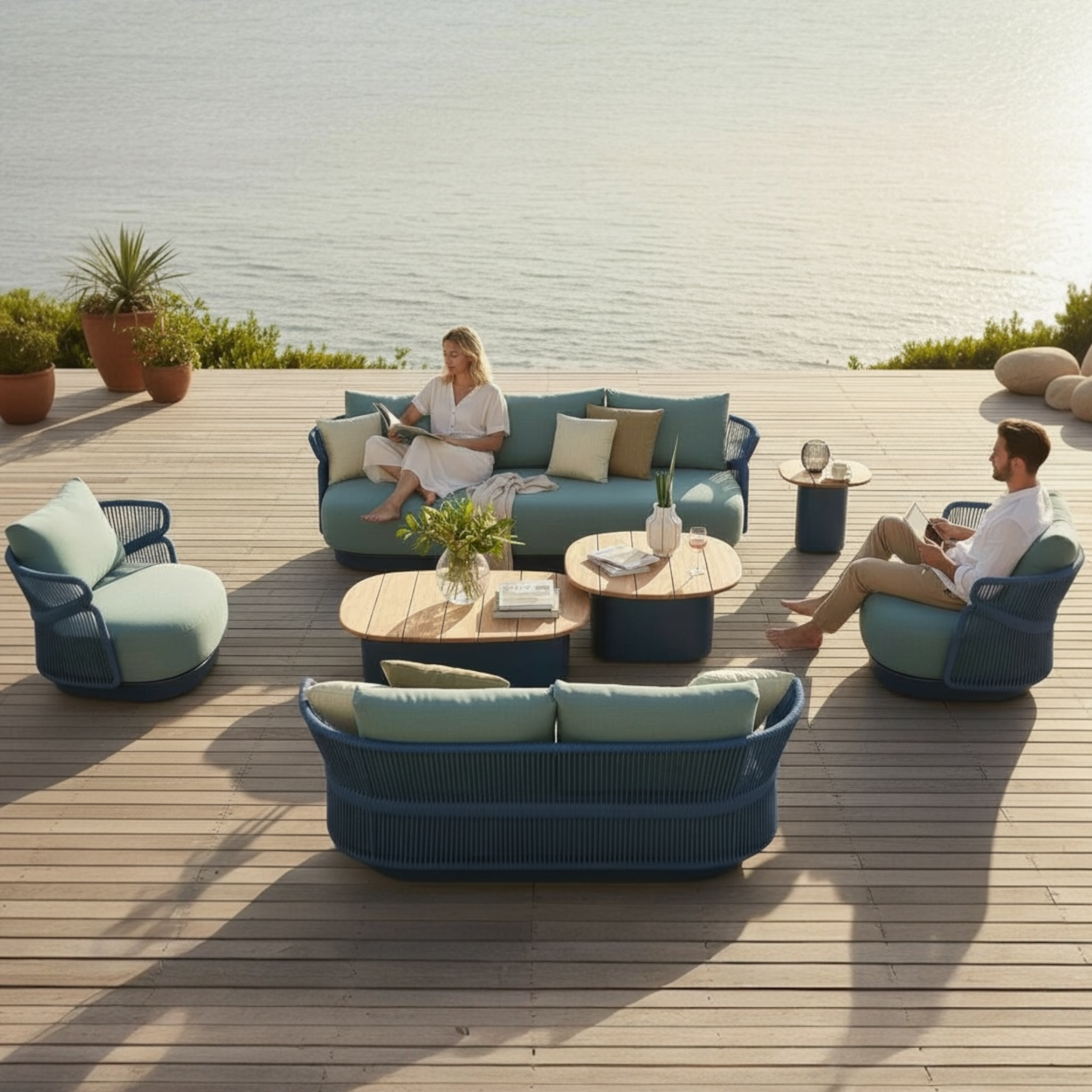 Grand salon de jardin design luxe en aluminium et en corde tressée - LASKA XL