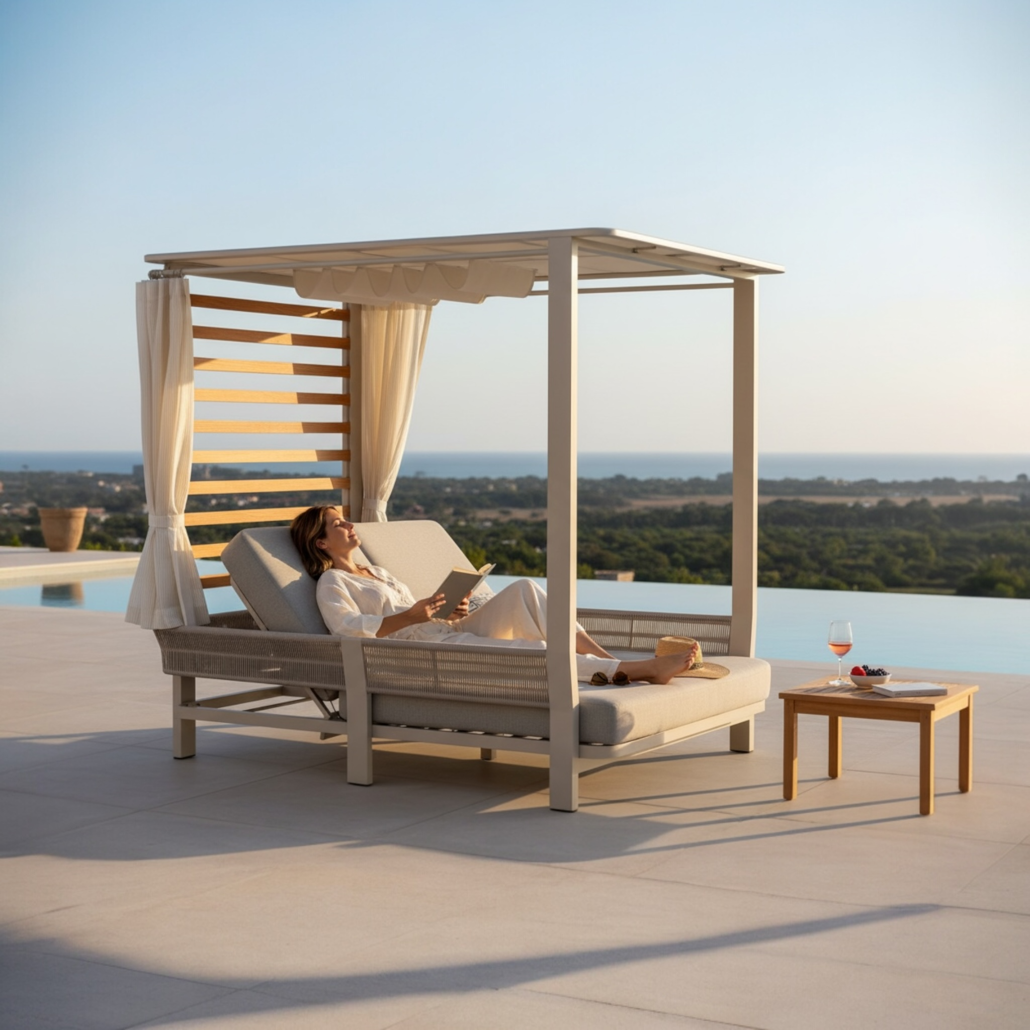 Lit de piscine double moderne en aluminium et teck FSC, structure avec toit et rideaux légers, coussins déhoussables.