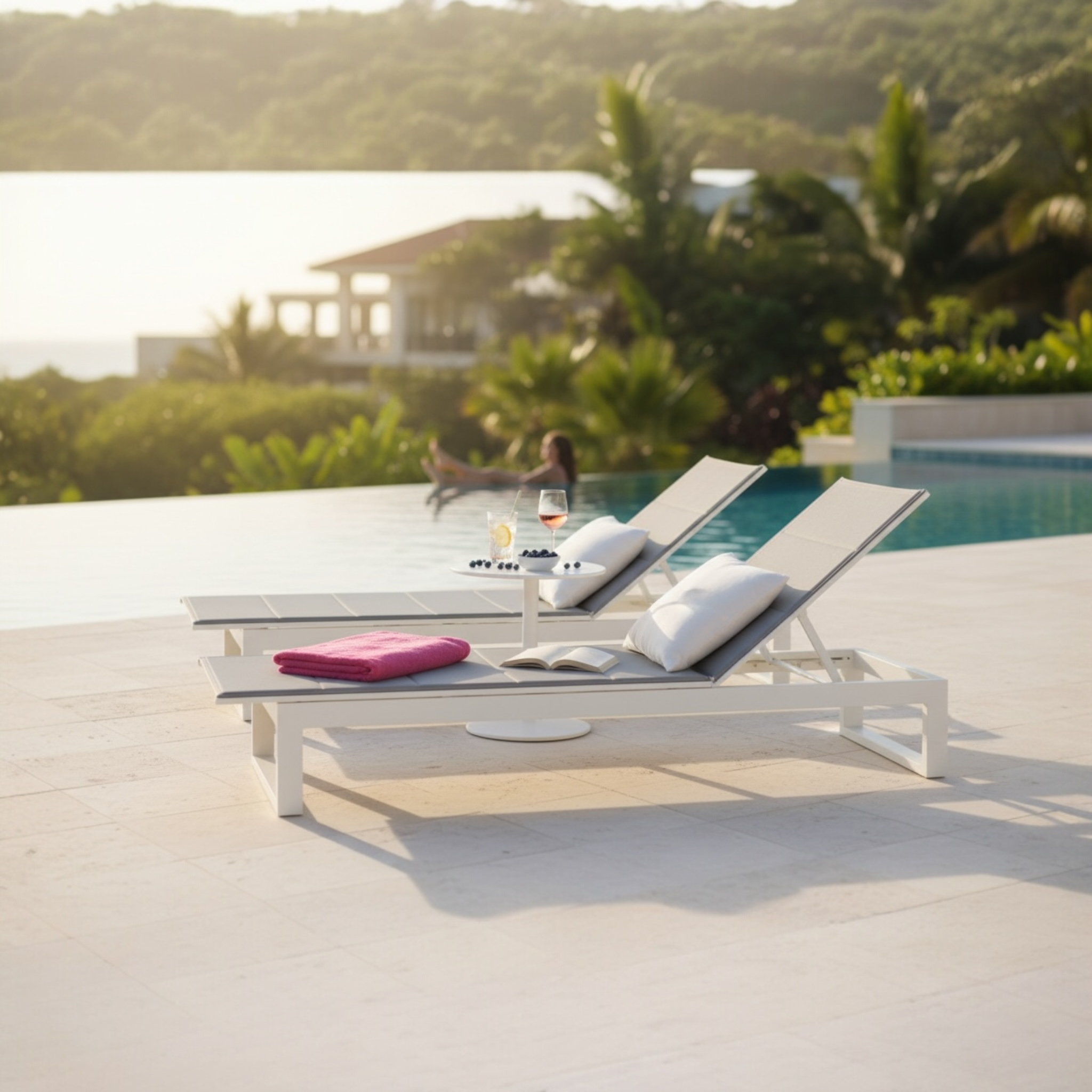 Duo de bains de soleil en aluminium haut de gamme gris anthracite avec dossier réglable, tissu 100% oléfine déperlant et déhoussable. 