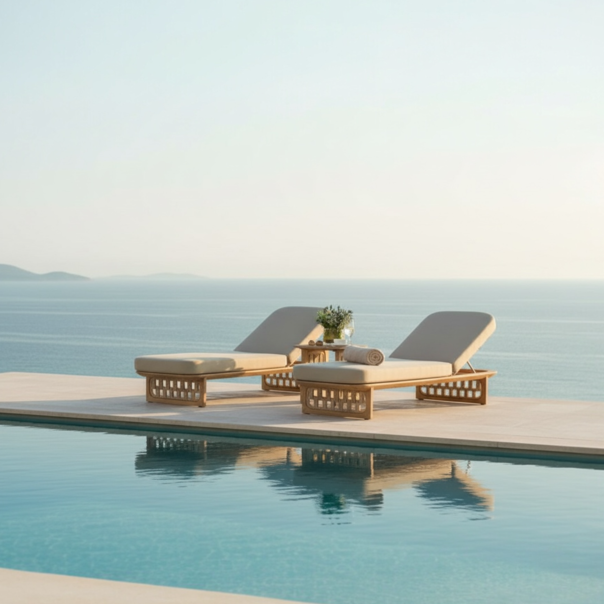 Duo de bains de soleil PALMA en teck FSC et corde tressée beige, avec coussins beige clair