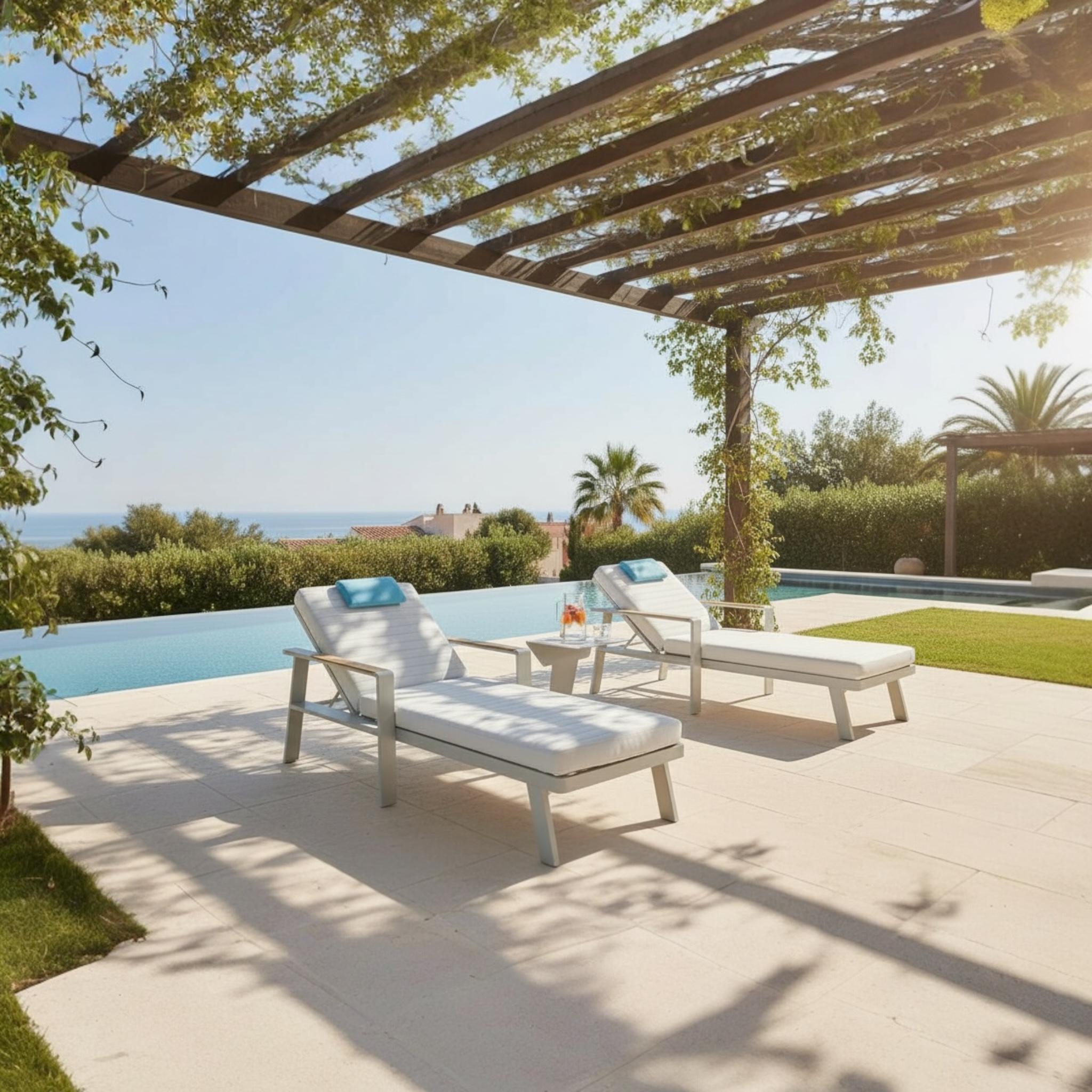 Duo de bains de soleil en aluminium haut de gamme beige avec structure en teck FSC, tissu oléfine beige déperlant. 