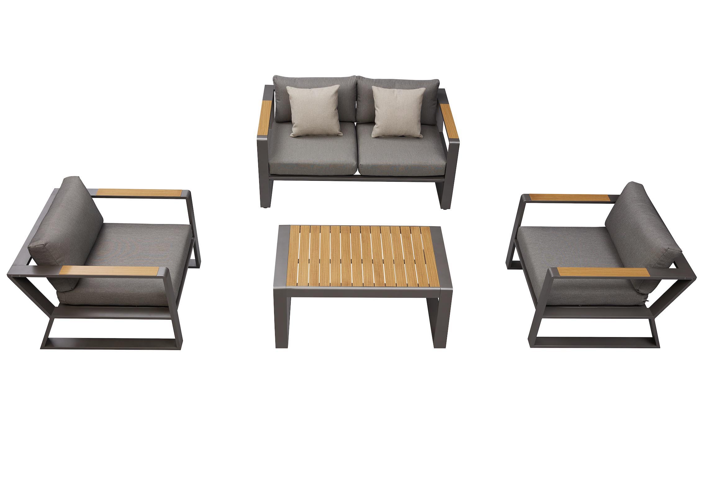 Salon de jardin design innovant en aluminium haut de gamme noir, accoudoirs en teck FSC, table basse en teck avec plateau.