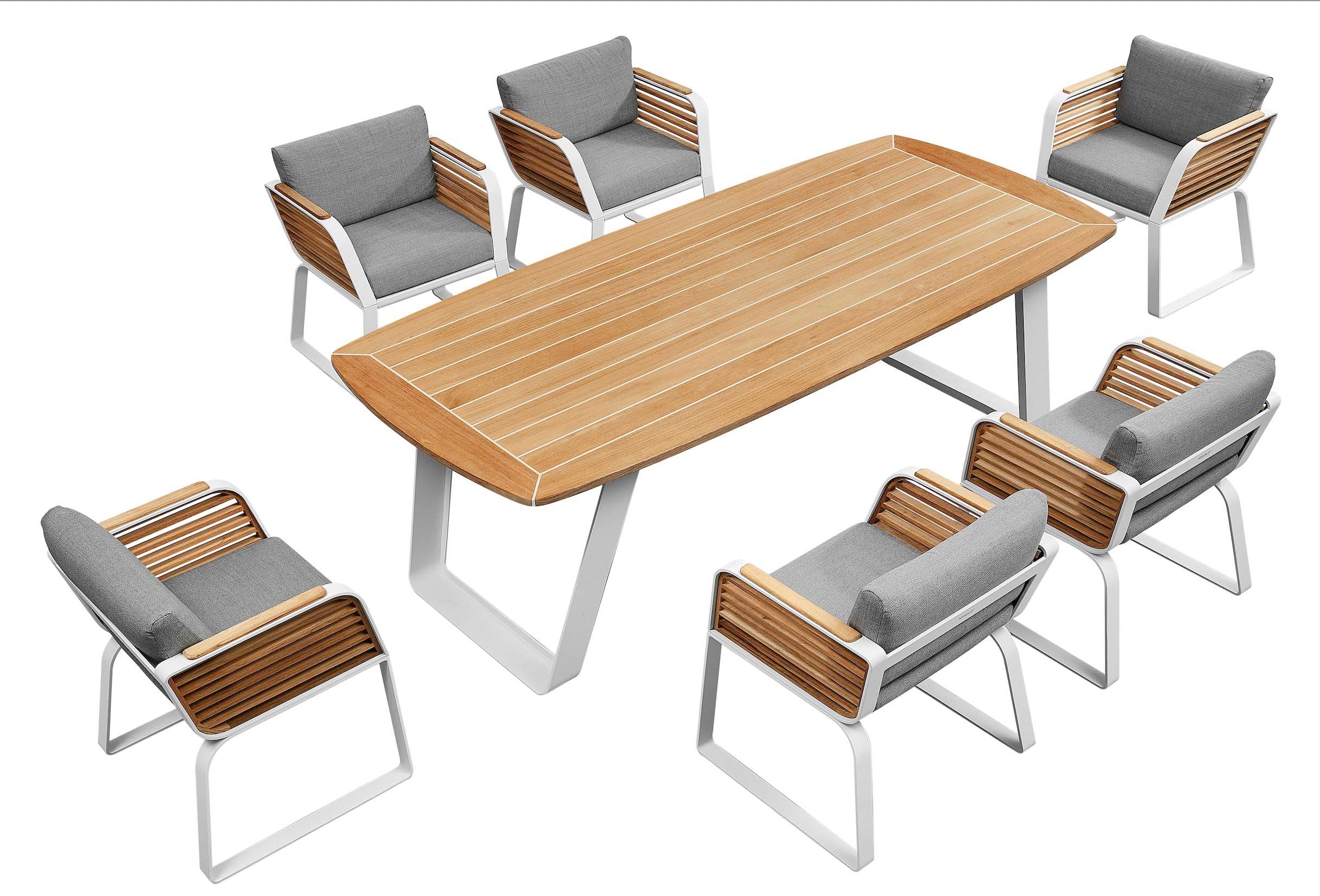 Ensemble repas de jardin luxueux 6 places avec table en aluminium et plateau Teck FSC, design Pininfarina aux lignes.