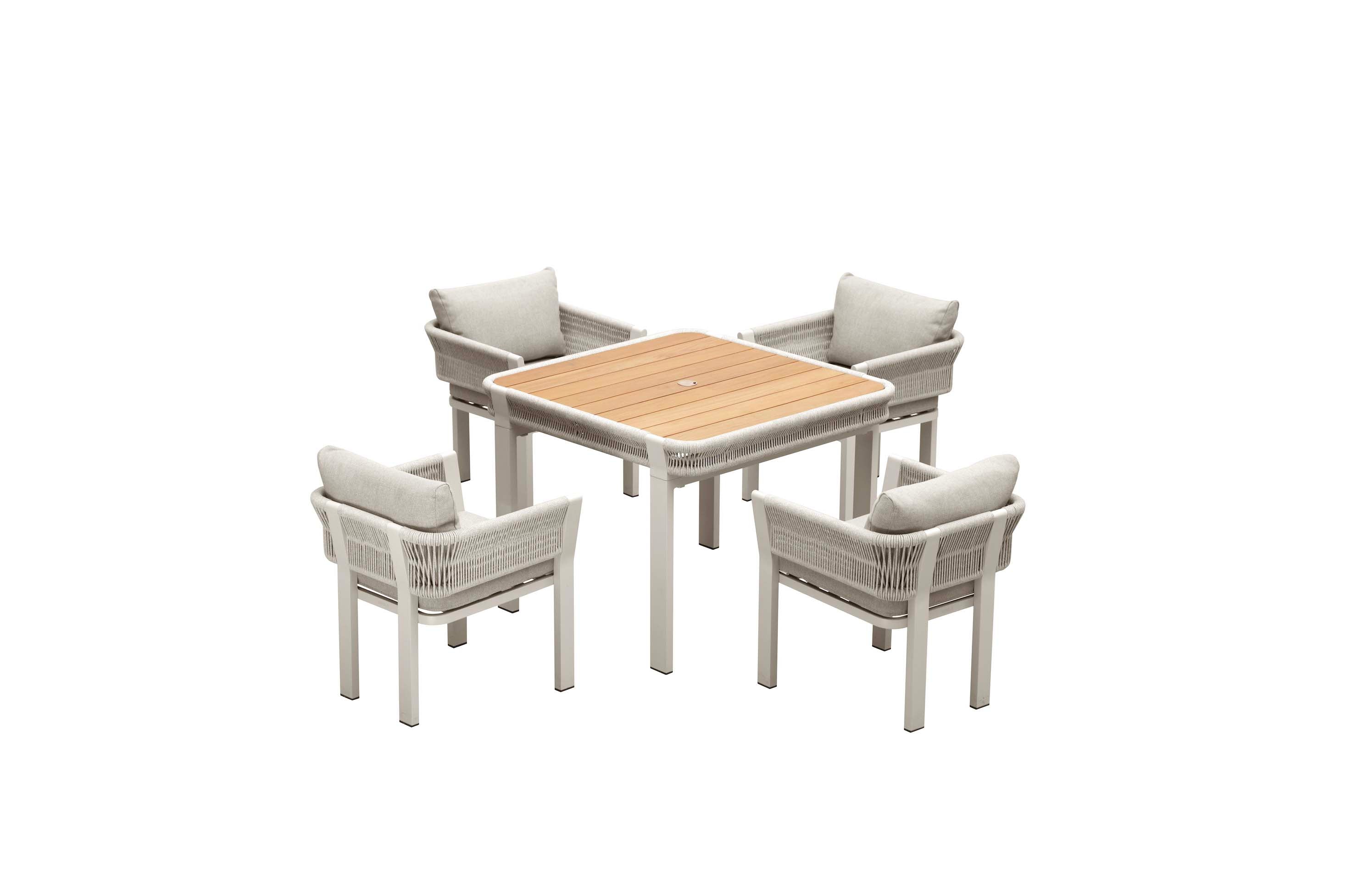 Table et fauteuils repas extérieur en aluminium et corde 4 places- OLBY