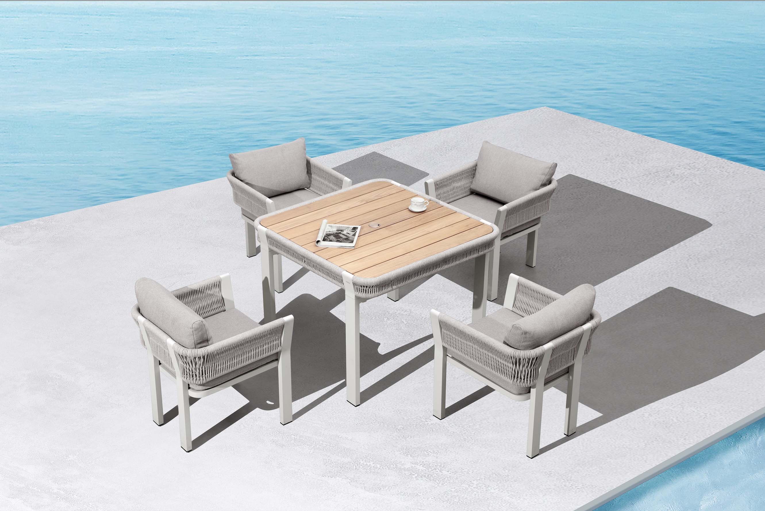 Table et fauteuils repas extérieur en aluminium et corde 4 places- OLBY