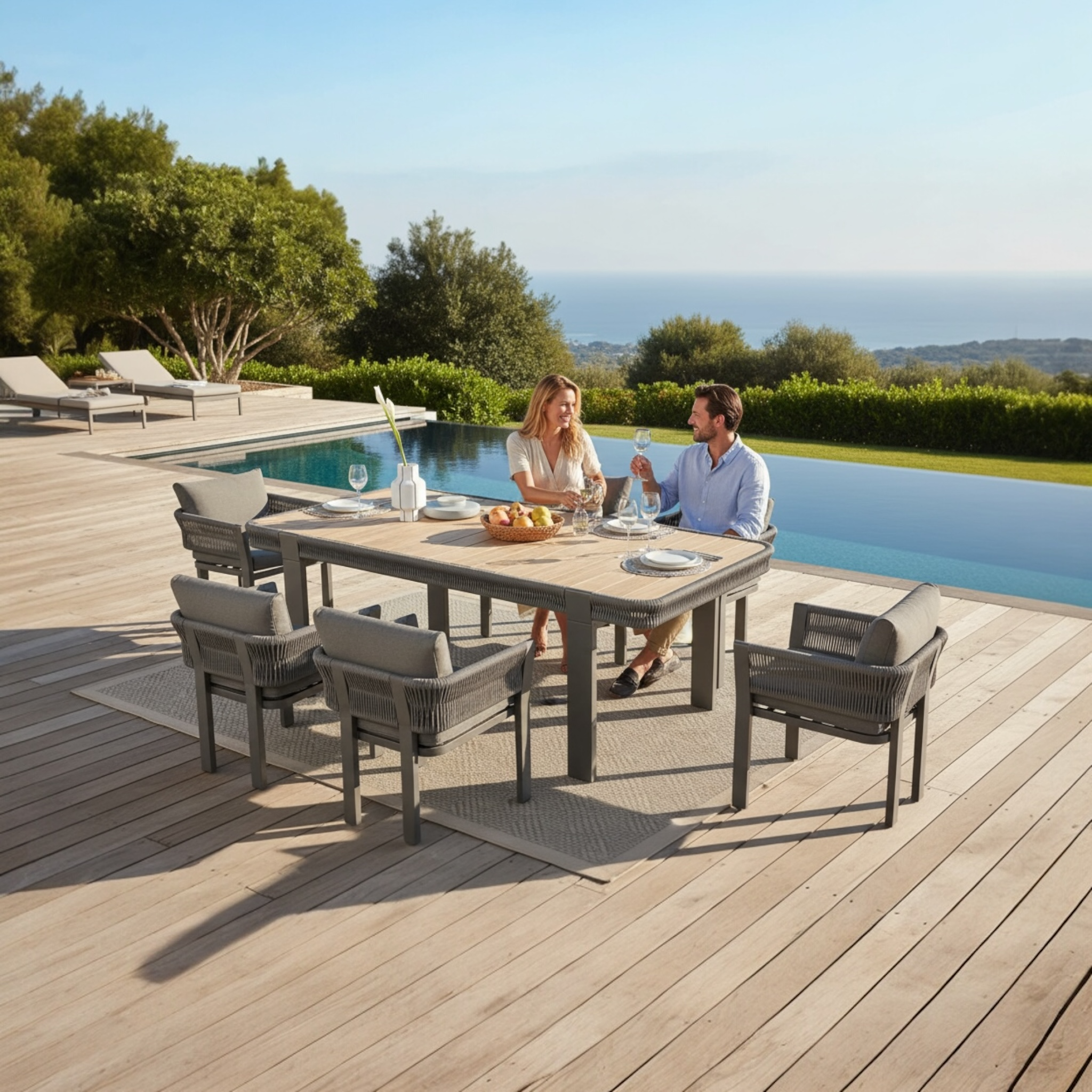 Ensemble de repas extérieur moderne en aluminium noir avec corde tressée, plateau en teck FSC durable, avec six fauteuils. 