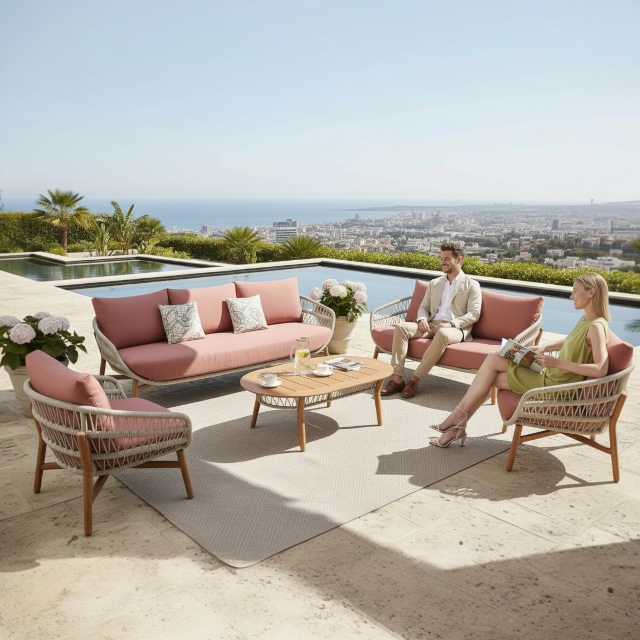 Salon de jardin 7 pièces en corde tressée et teck 