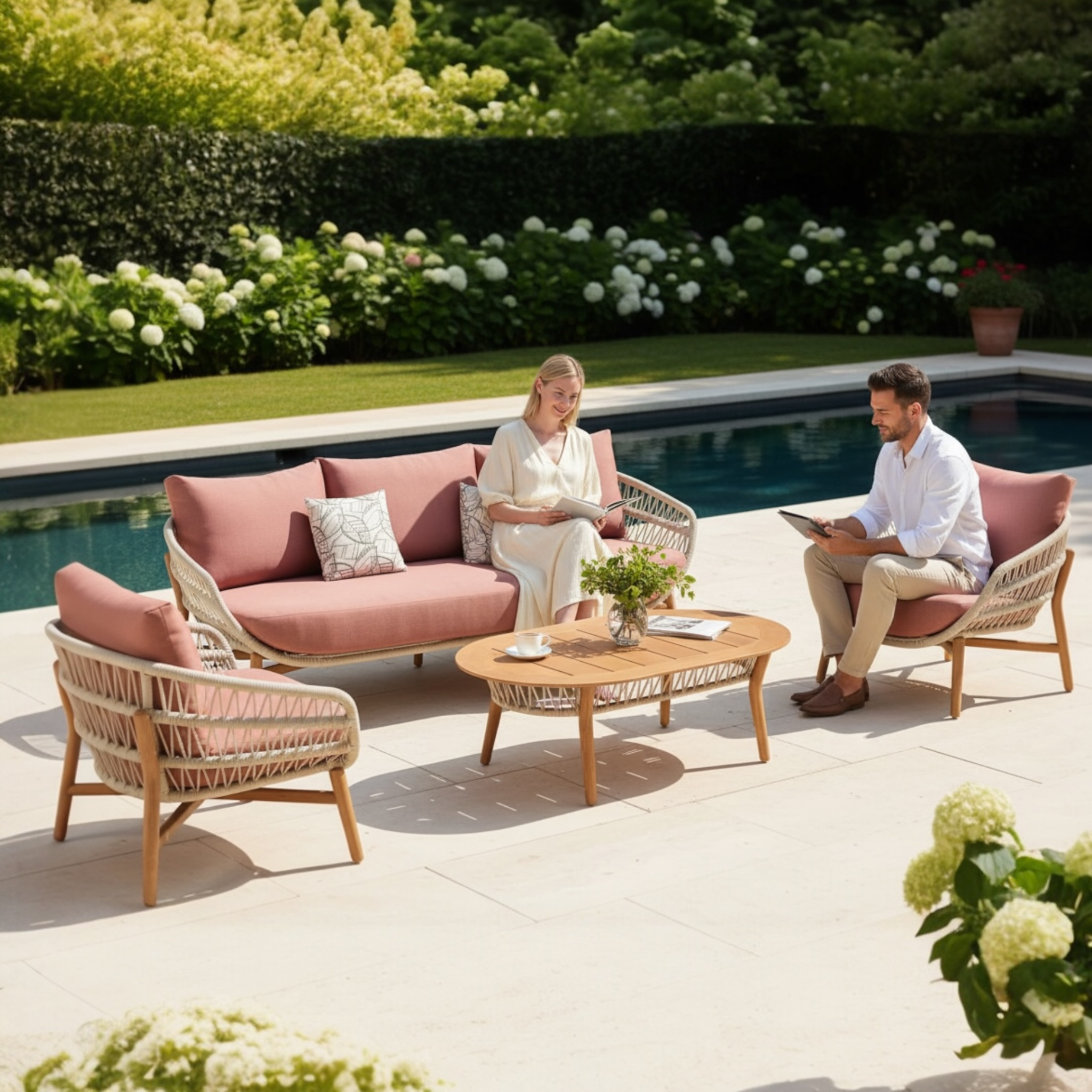 Salon de jardin haut de gamme en teck et corde sable avec coussins rose pastel