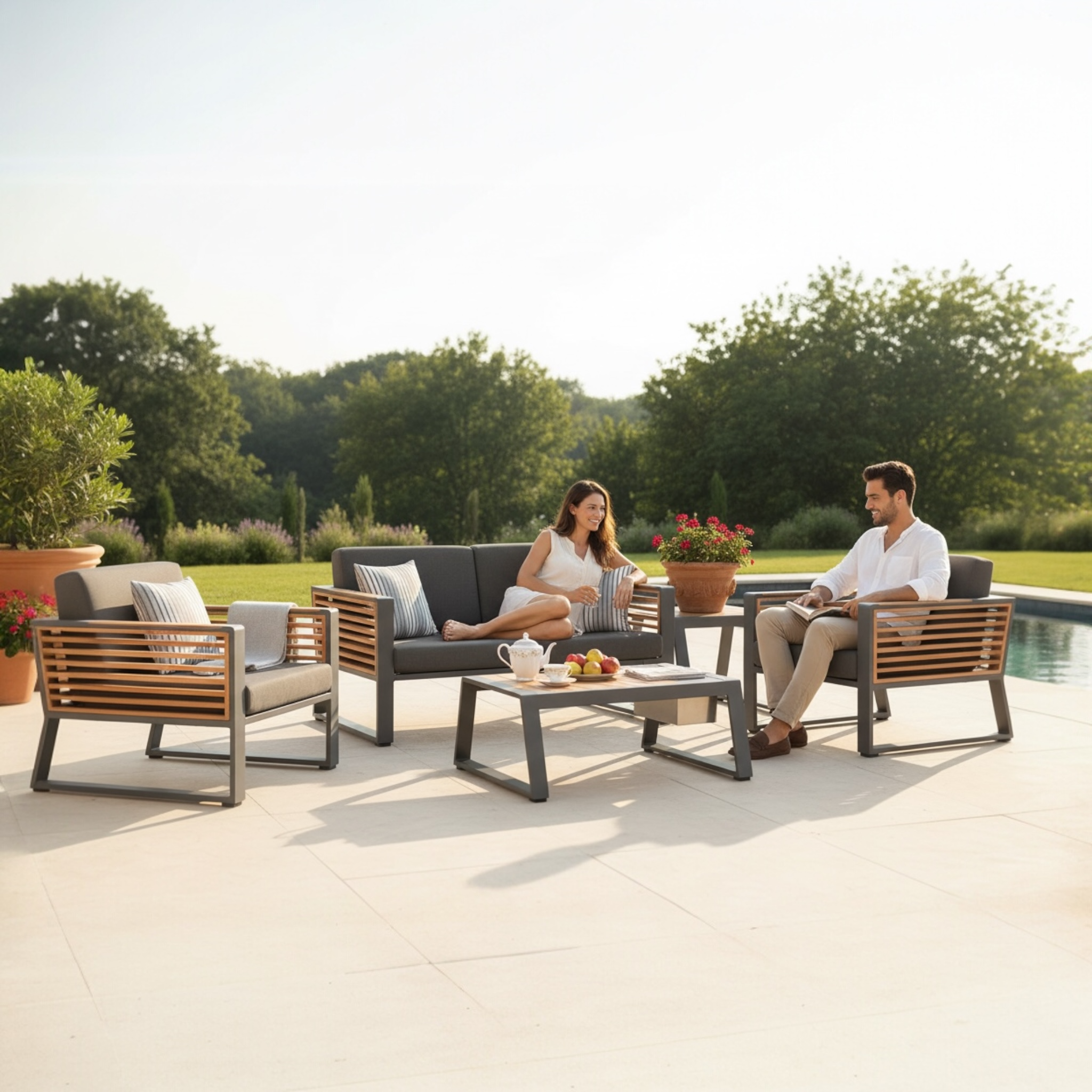 Salon COFY MINI en aluminium noir et teck, vue latérale