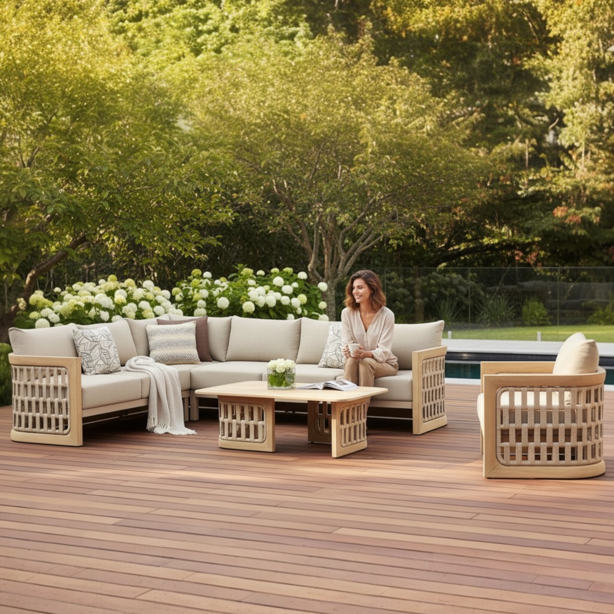 Salon d’angle PALMA en teck massif et corde tressée beige, vue latérale. 