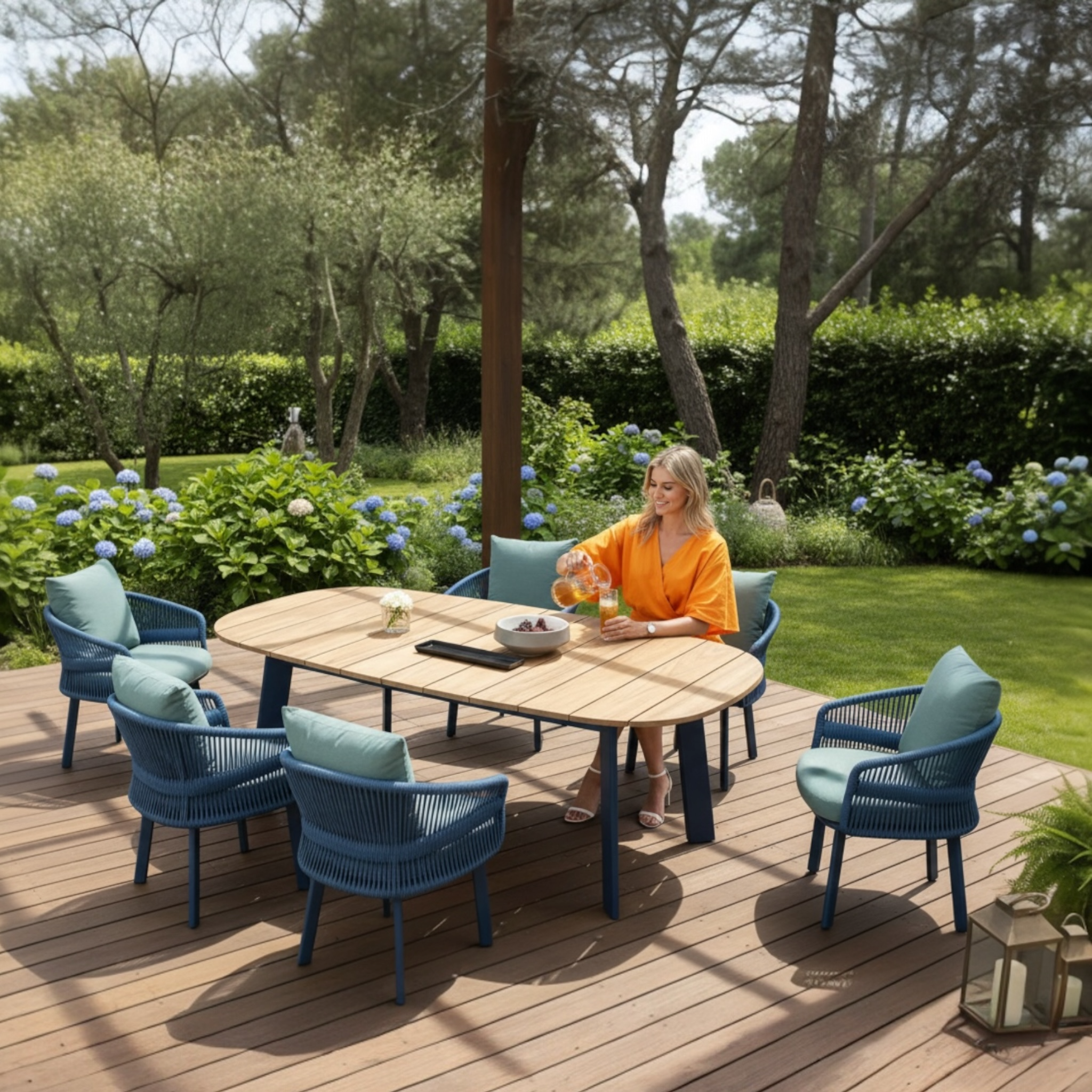 Ensemble table et fauteuil de jardin design haut de gamme Laska bleu