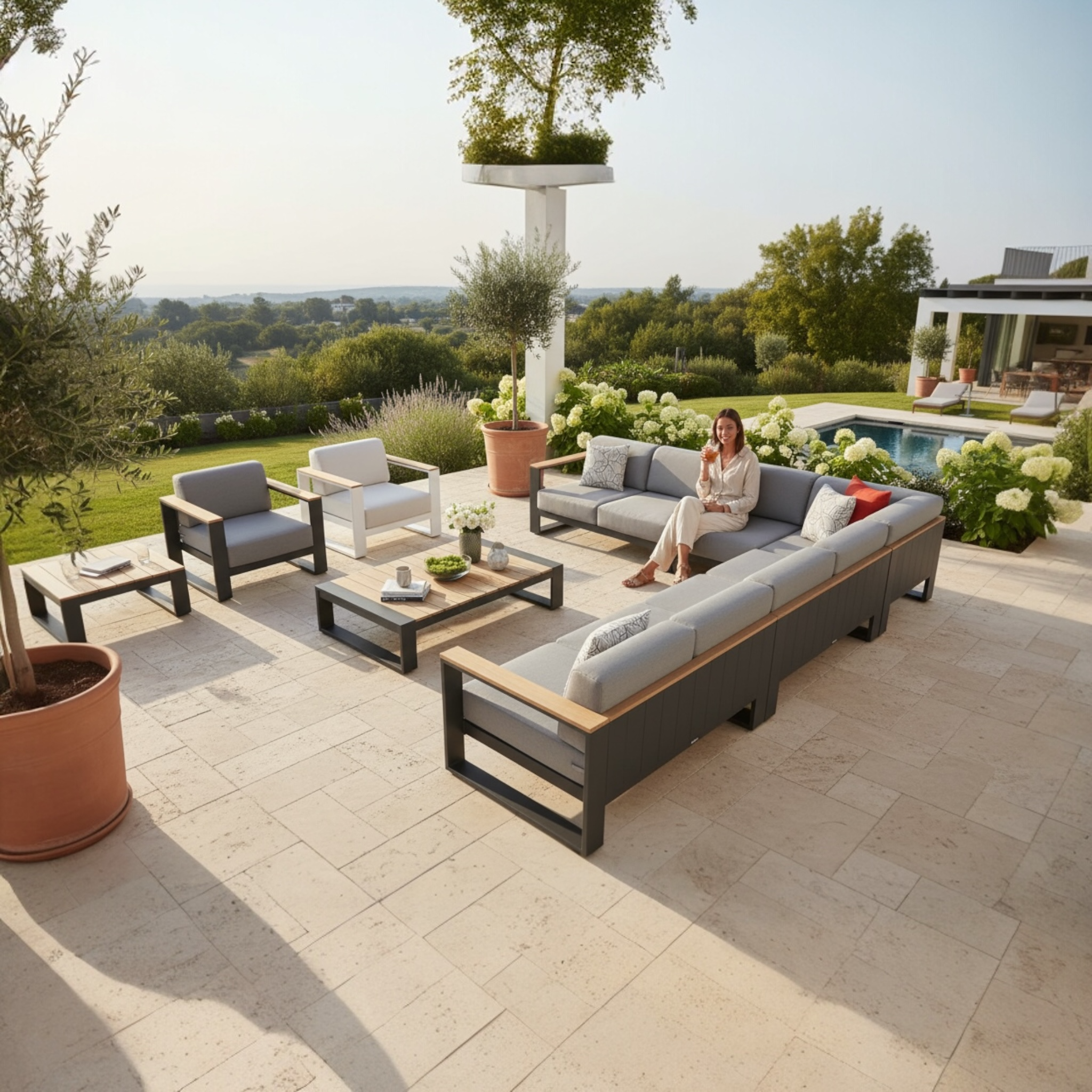 Grand salon de jardin d'angle en aluminium et en teck haut de gamme - SOFY PLUS