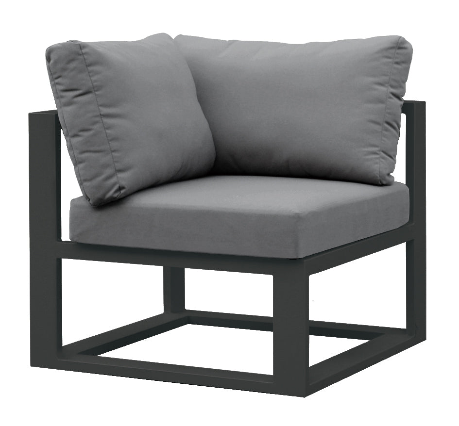 Salon de jardin d’angle modulable en aluminium noir mat, coussins gris épais et confortables, design haut de gamme. 