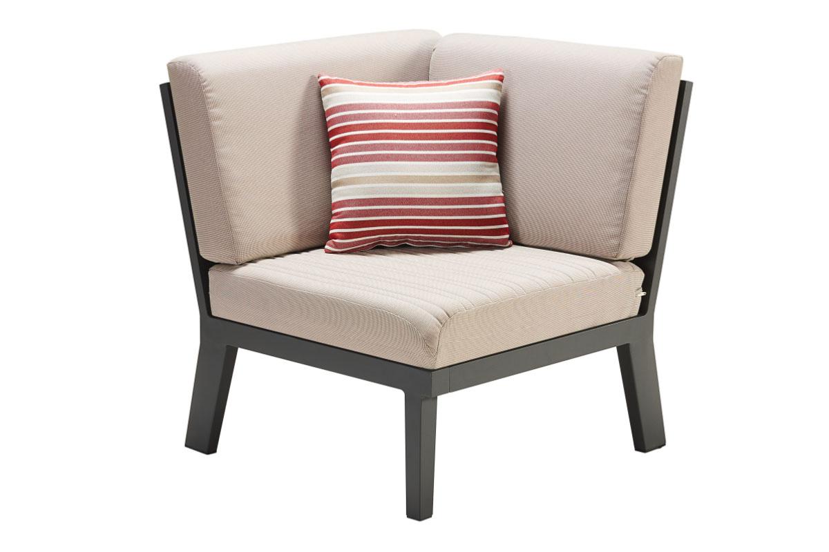 Fauteuil d'angle en aluminium haut de gamme noir mat avec assise et dossiers en tissu oléfine beige, coussin rayé rouge e blanc