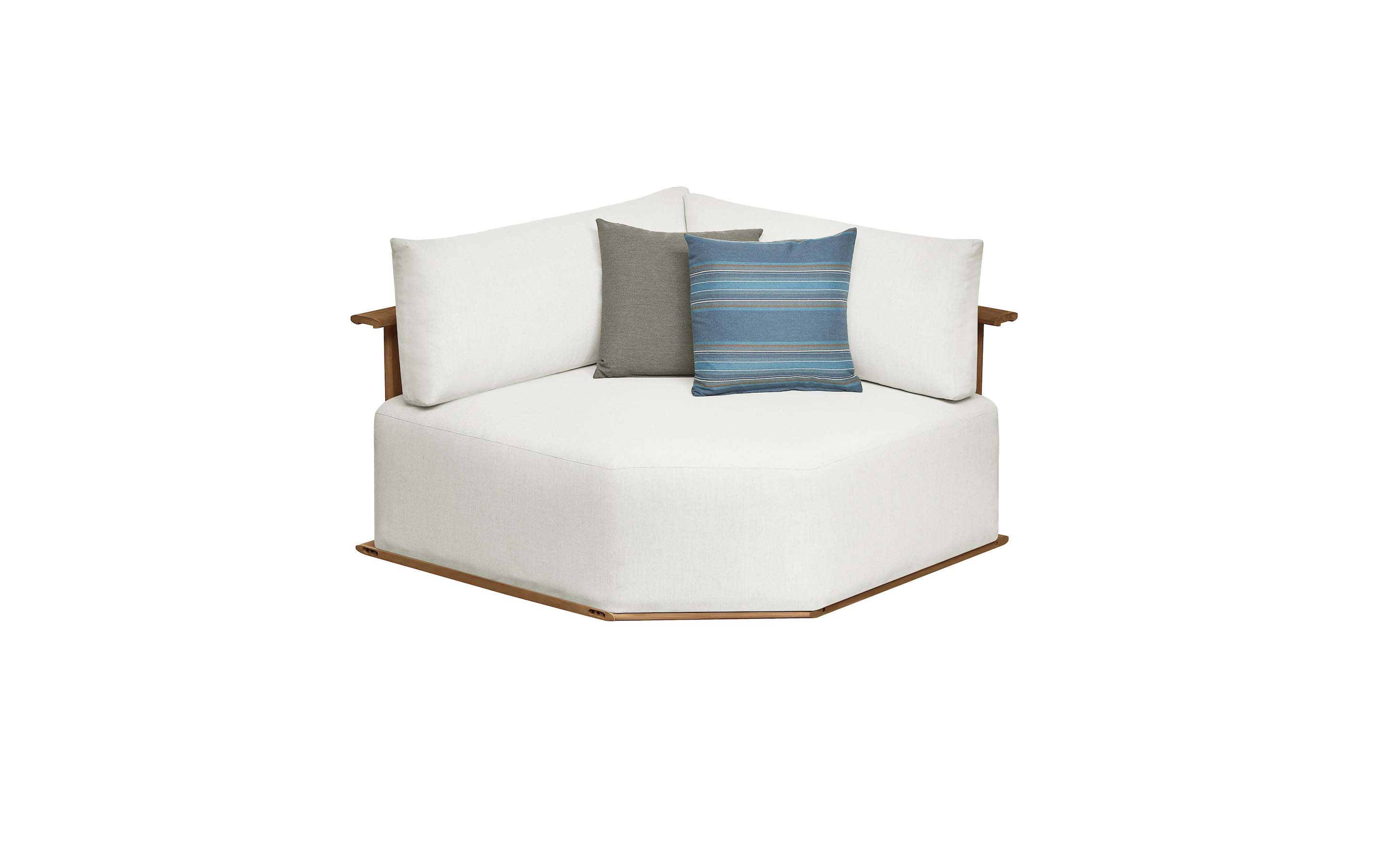 Salon de jardin d'angle luxe en teck FSC massif, coussins en tissu acrylique déperlant, design italien, housses.