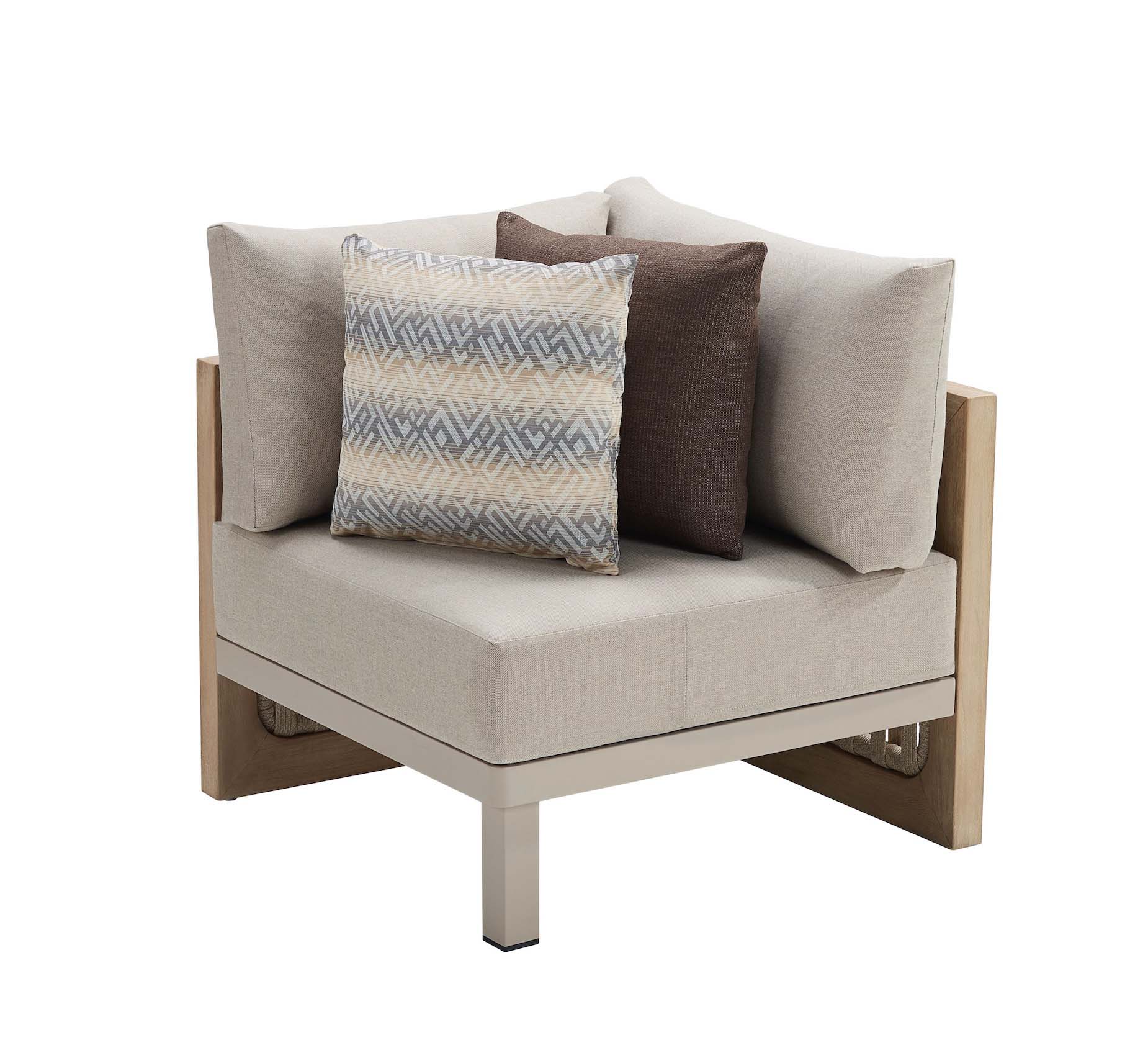 Fauteuil d'angle en teck FSC avec structure en corde tressée, coussins déhoussables en fibre acrylique déperlante beige,.