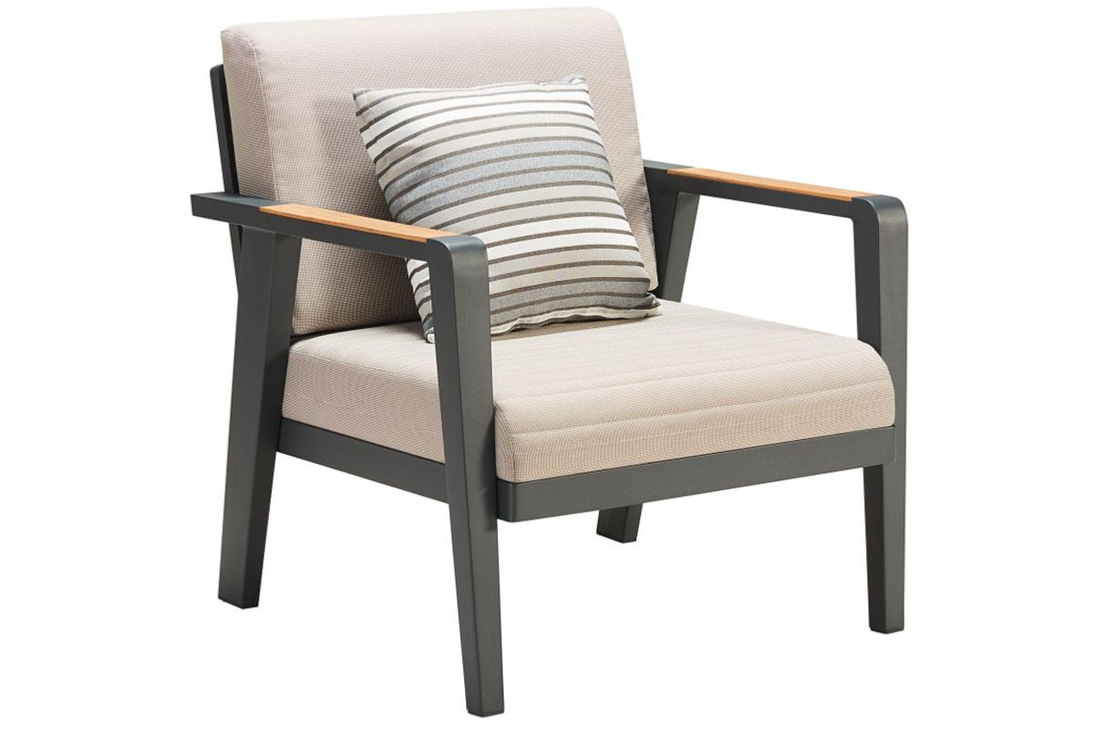 Fauteuil d'angle en aluminium haut de gamme gris foncé, accoudoirs en teck FSC, coussins en tissu oléfine beige avec housse.