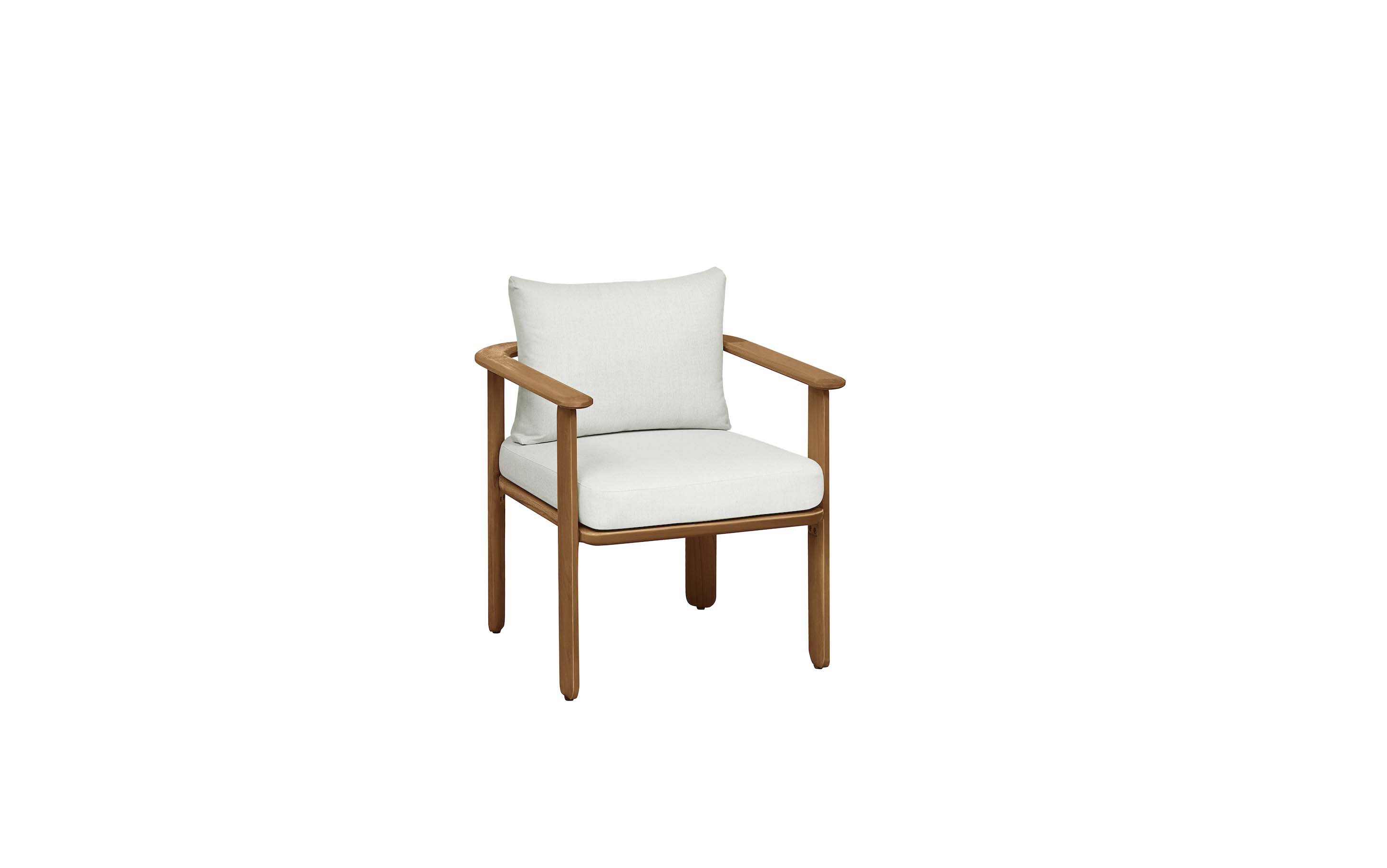 Fauteuil en teck FSC massif au design italien, assise et dossier en tissu acrylique beige déperlant avec housse déhoussable. 