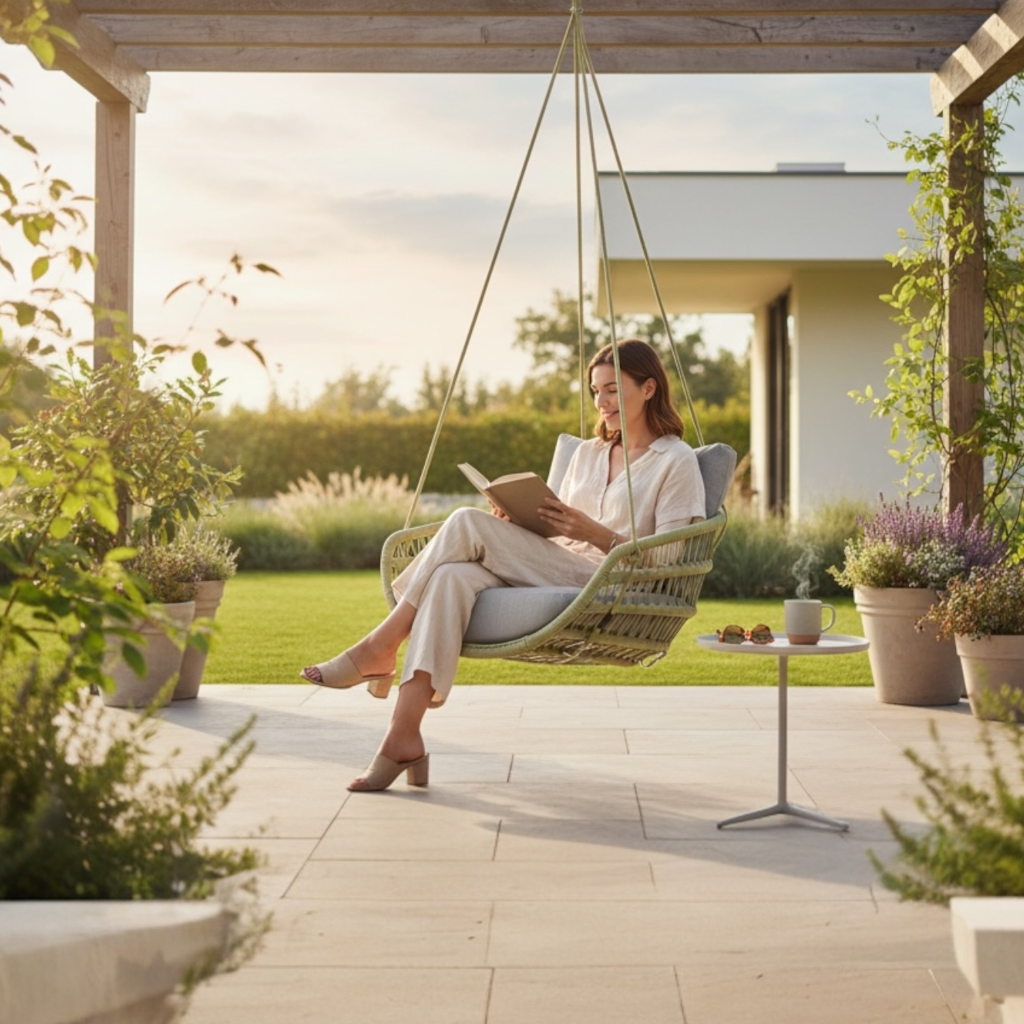 Fauteuil suspendu extérieur en corde verte avec assise profonde et coussins gris