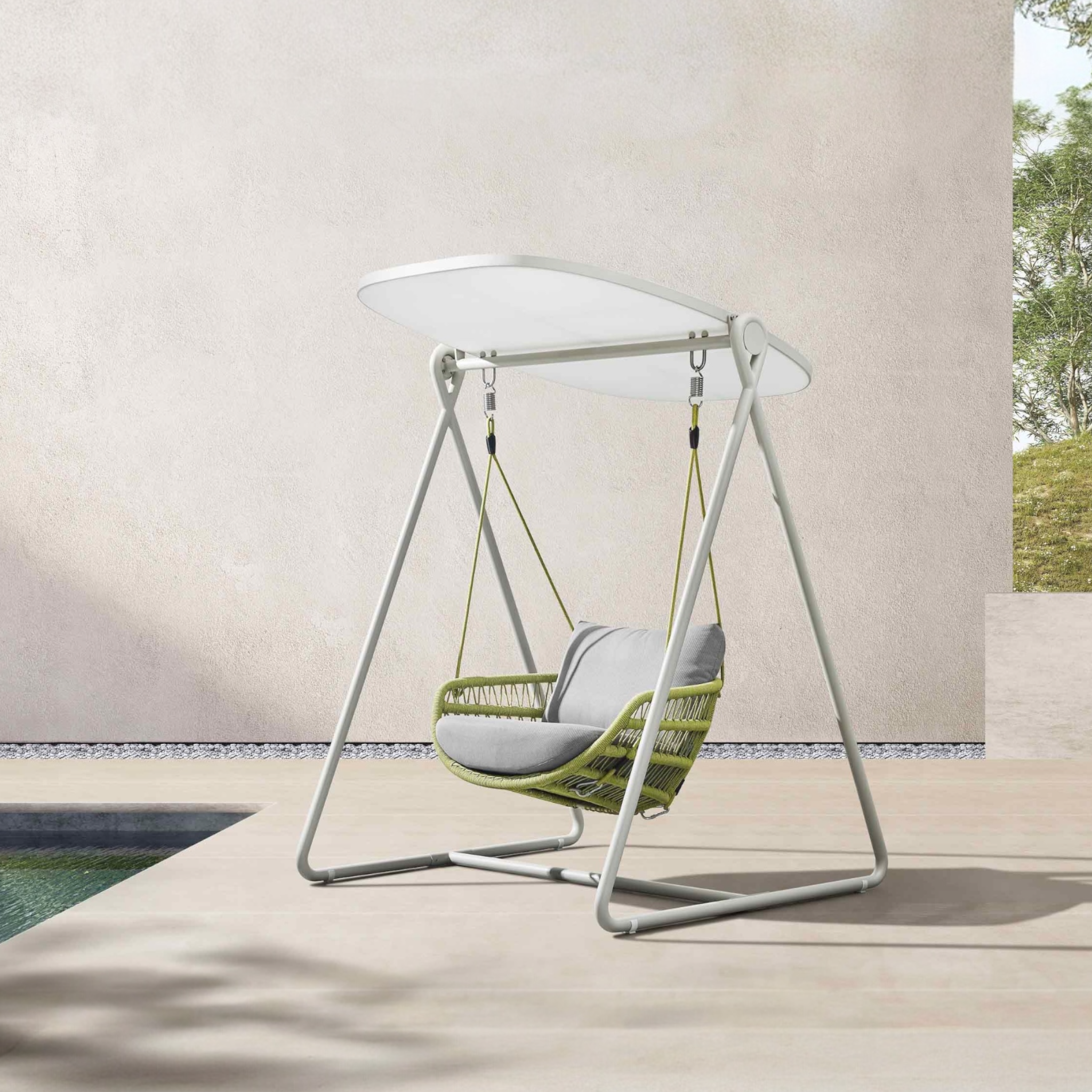 Balancelle FLEUR en corde tressée verte avec dossier arrondi et coussins déperlants gris