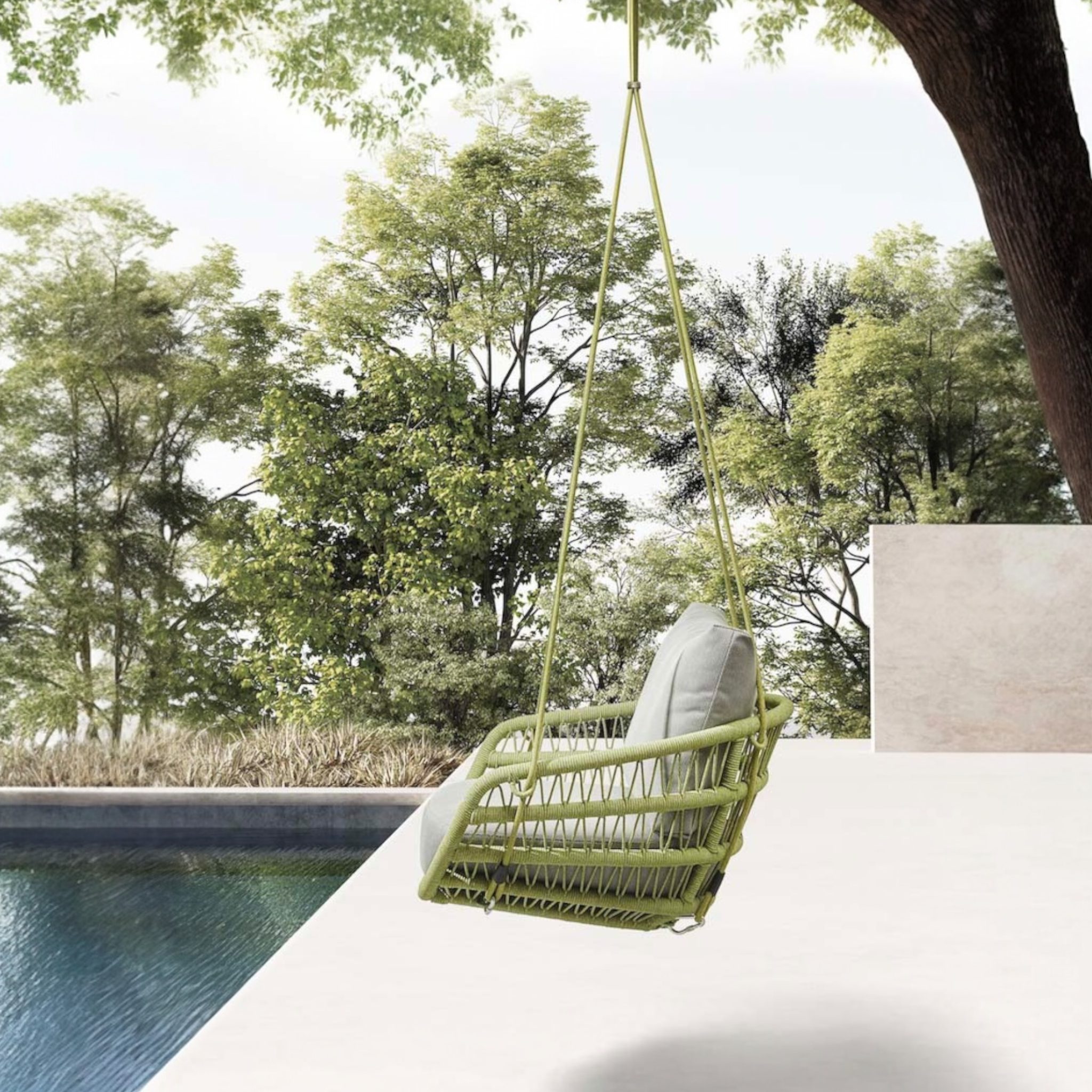 Détail du fauteuil suspendu FLEUR en corde verte et coussins gris en oléfine