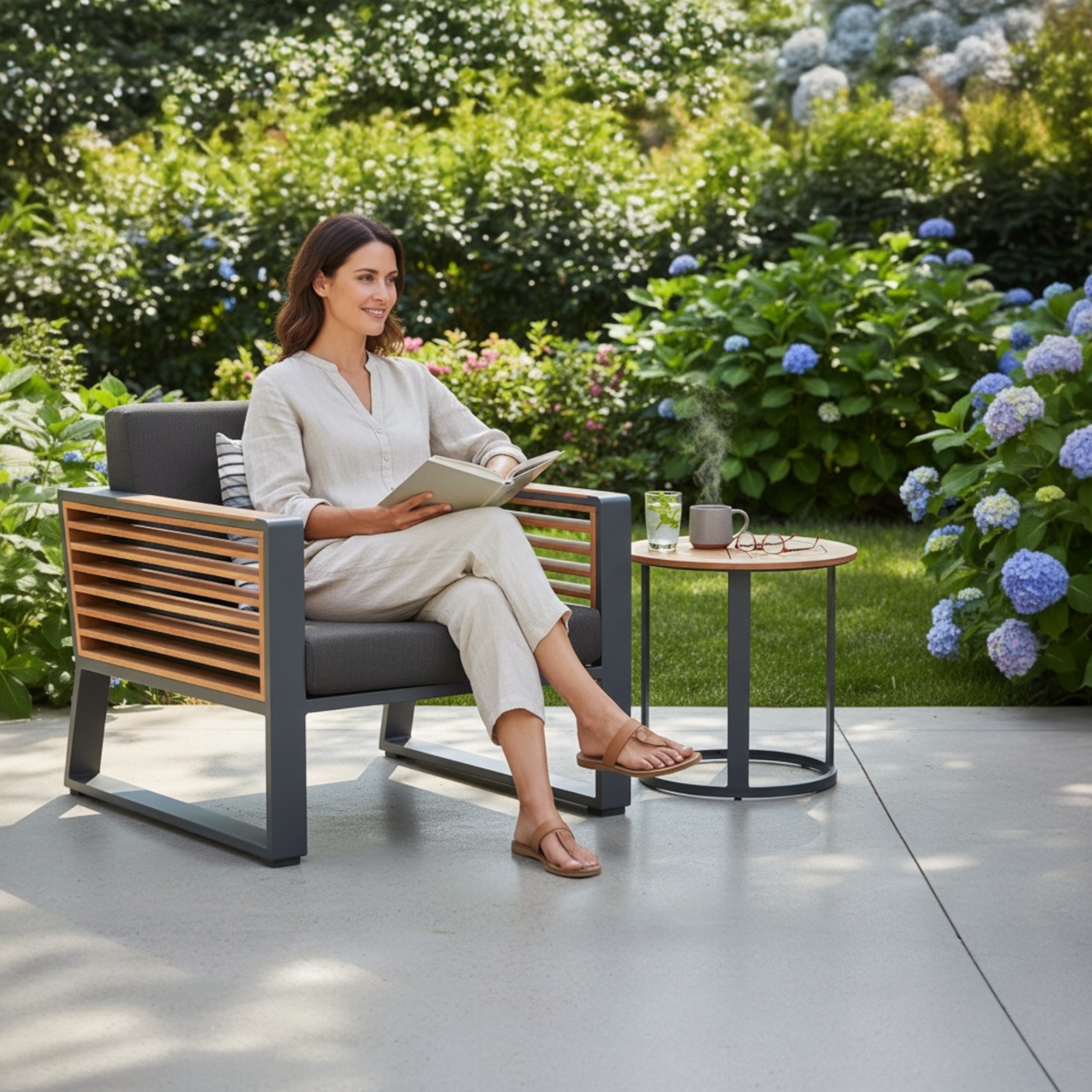 Luxueux fauteuil de jardin extérieur en aluminium et en teck 