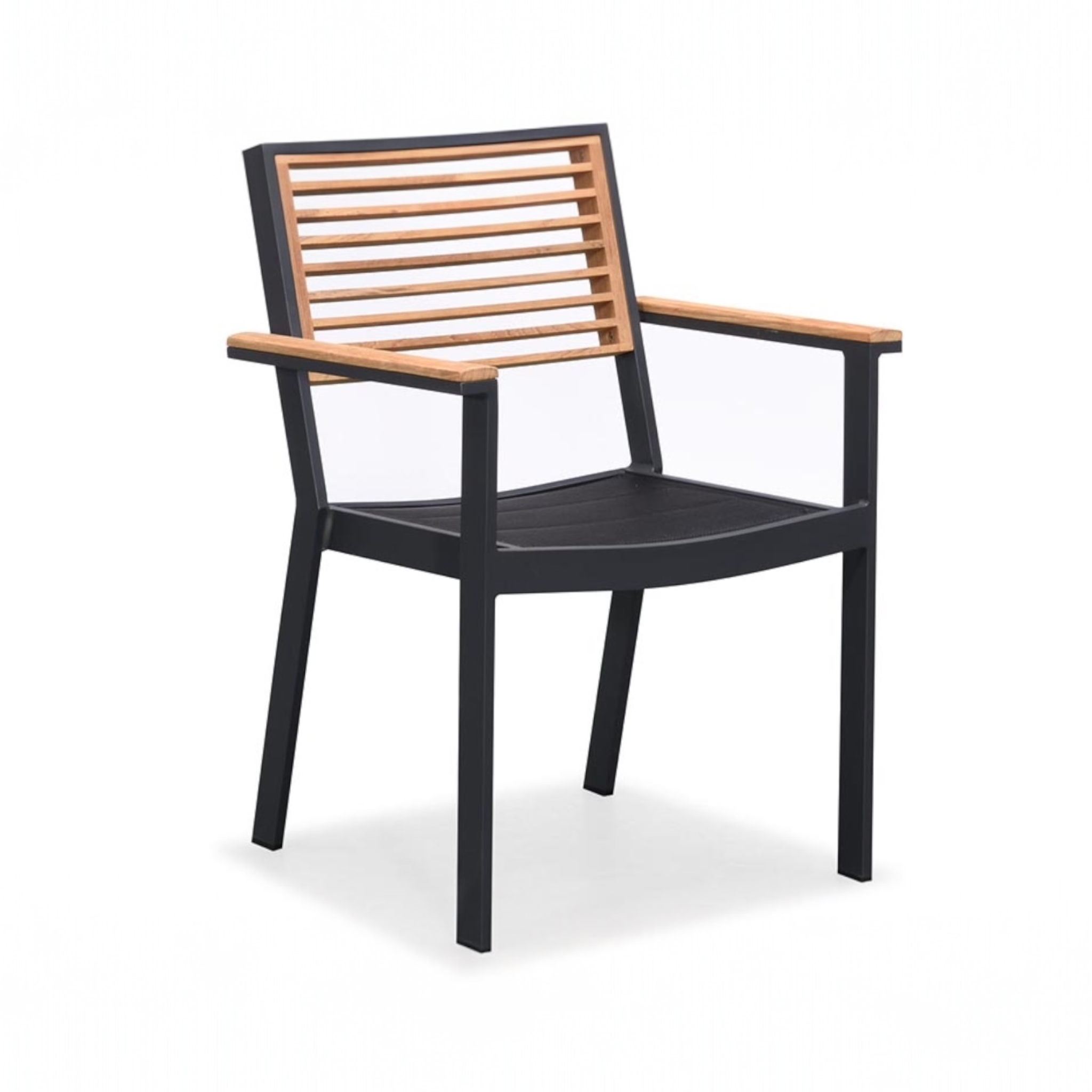 Fauteuil de jardin en aluminium noir avec accoudoirs en teck et assise ajourée
