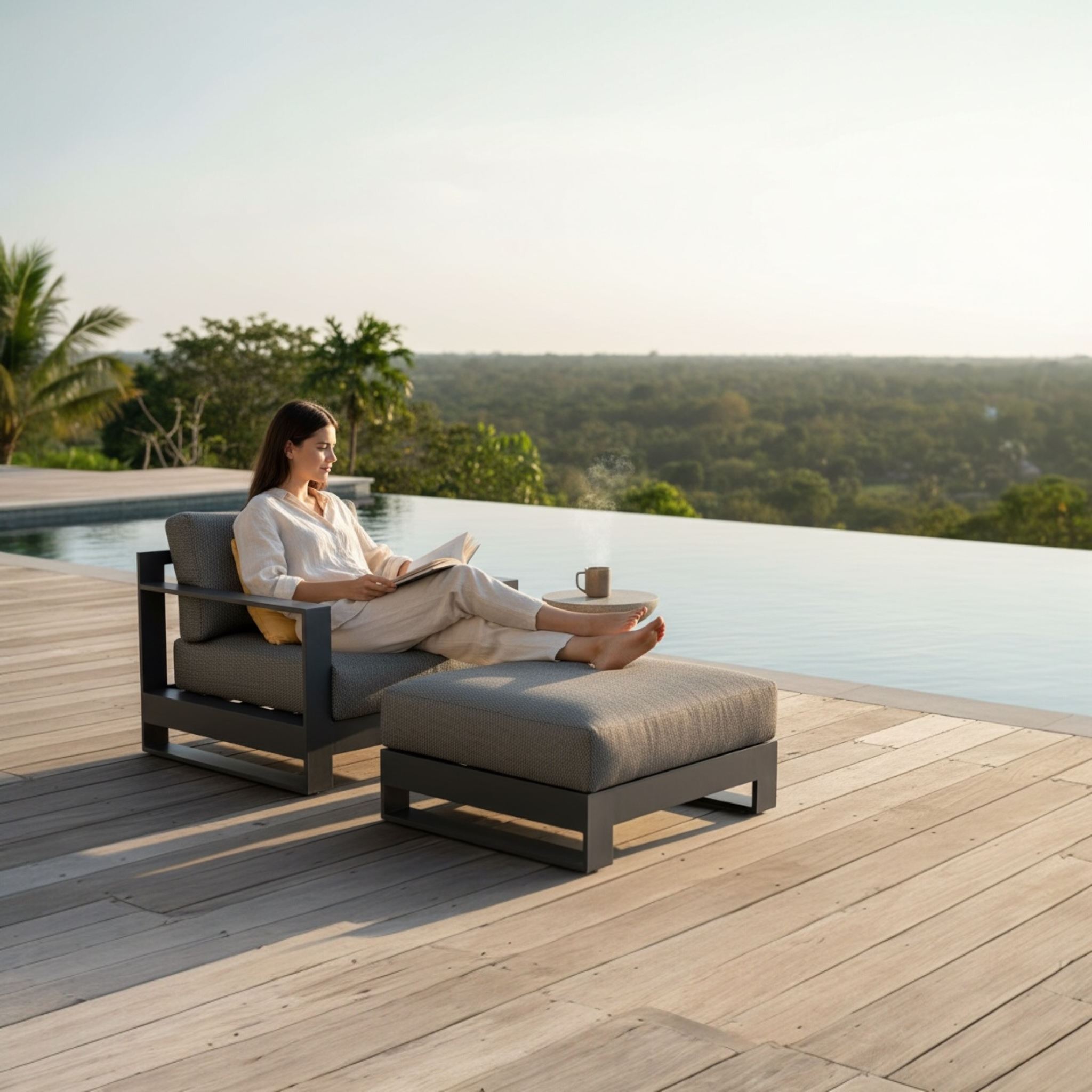 Fauteuil et repose-pied de jardin noir en aluminium haut de gamme, coussins en tissu oléfine Sunproof, design luxe. 