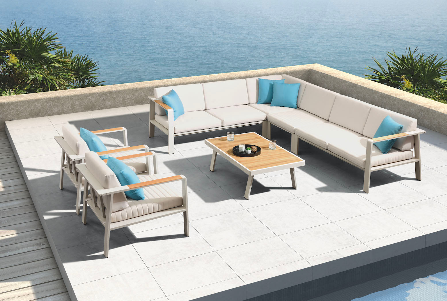 Salon de jardin luxe en aluminium haut de gamme et teck FSC, coussins en tissu oléfine beige avec housses déperlantes. 