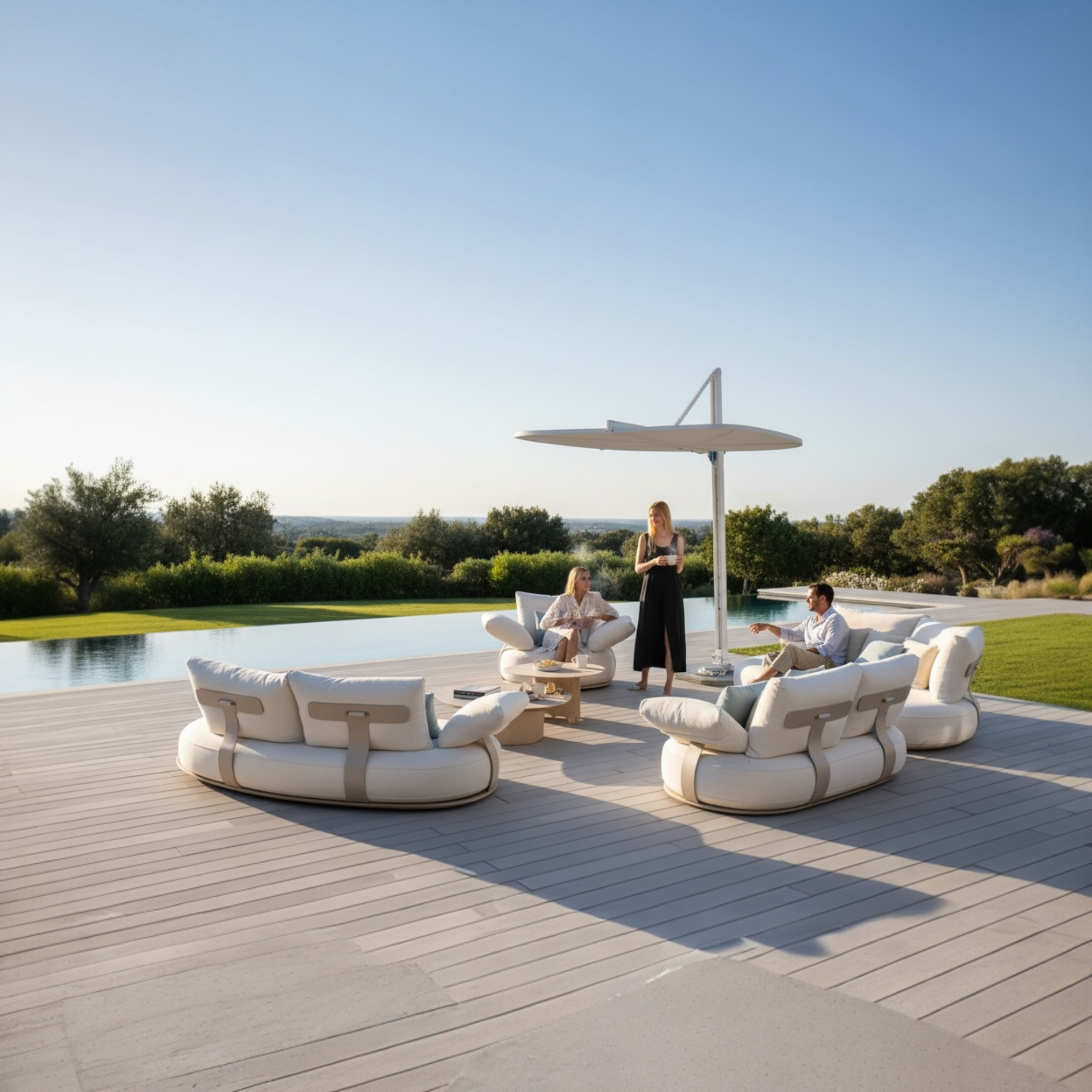 Salon de jardin modulable luxe en aluminium avec coussins en tissu acrylique, structure design italien