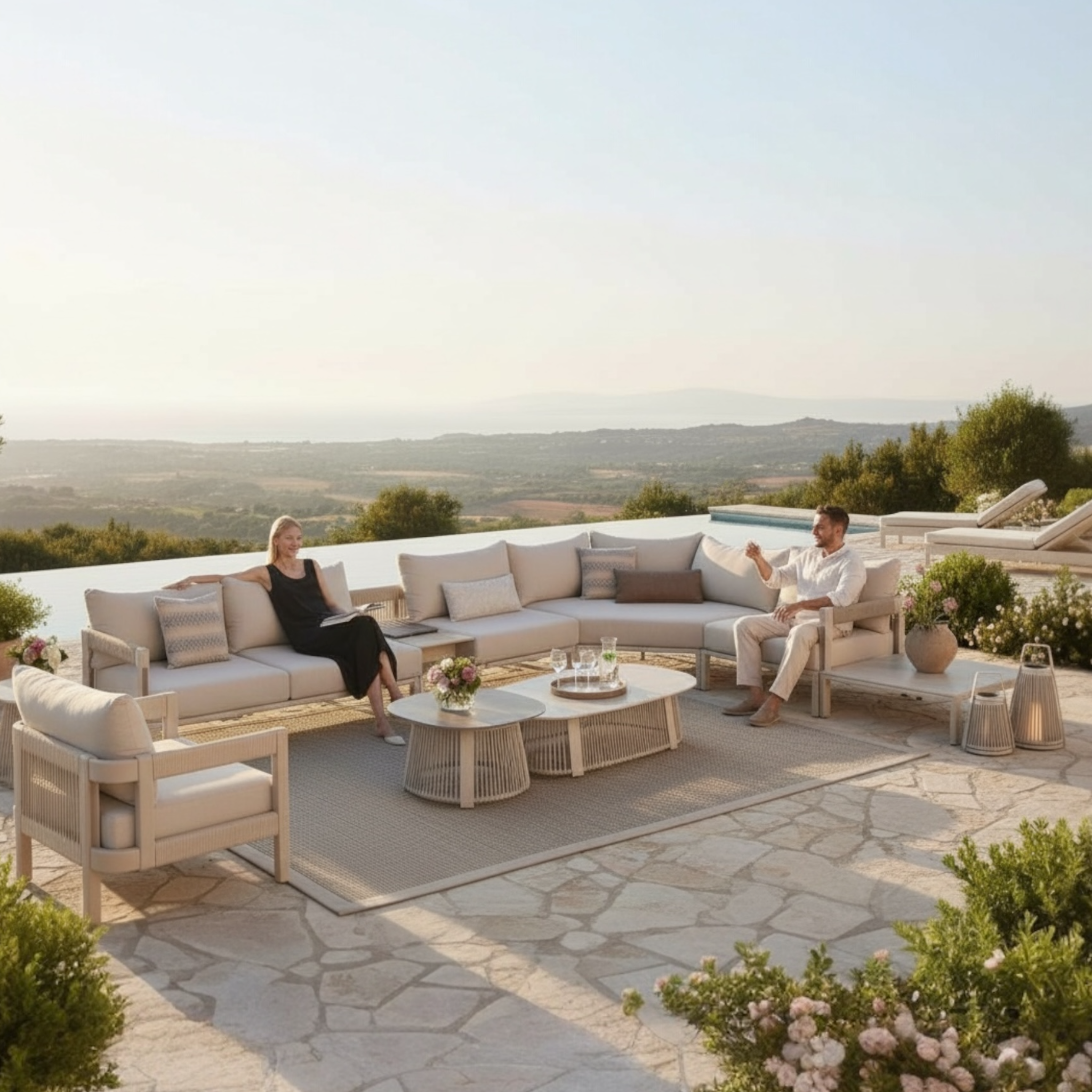 Grand canapé d'angle de jardin Milan aluminium et corde beige