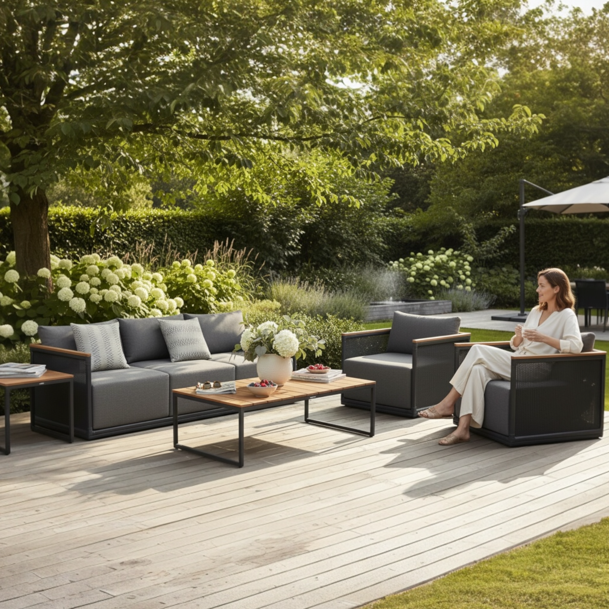 Agréable salon de jardin luxe en teck et aluminium 5 places 