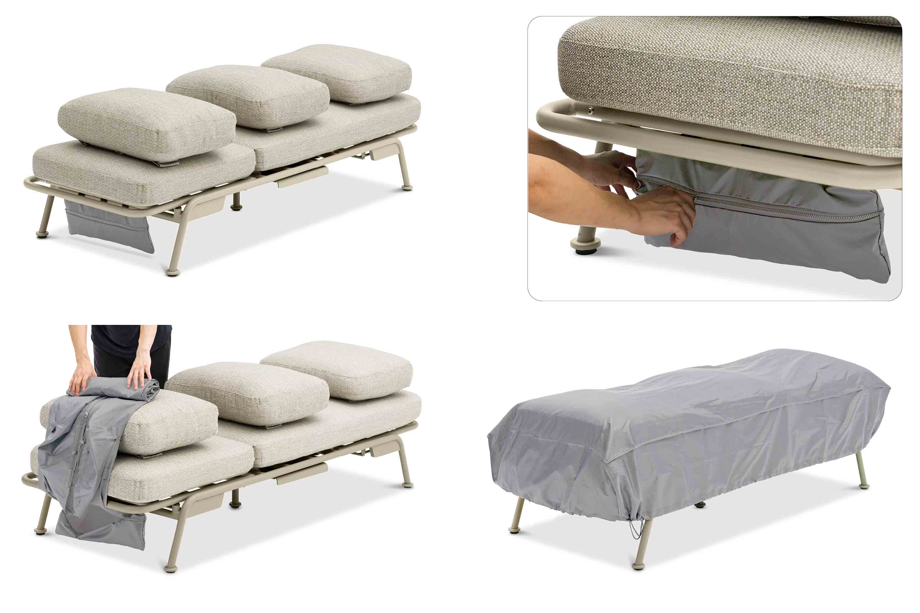 Salon de jardin modulable Sunny beige en aluminium, coussins épais gris clair, design Belge. 