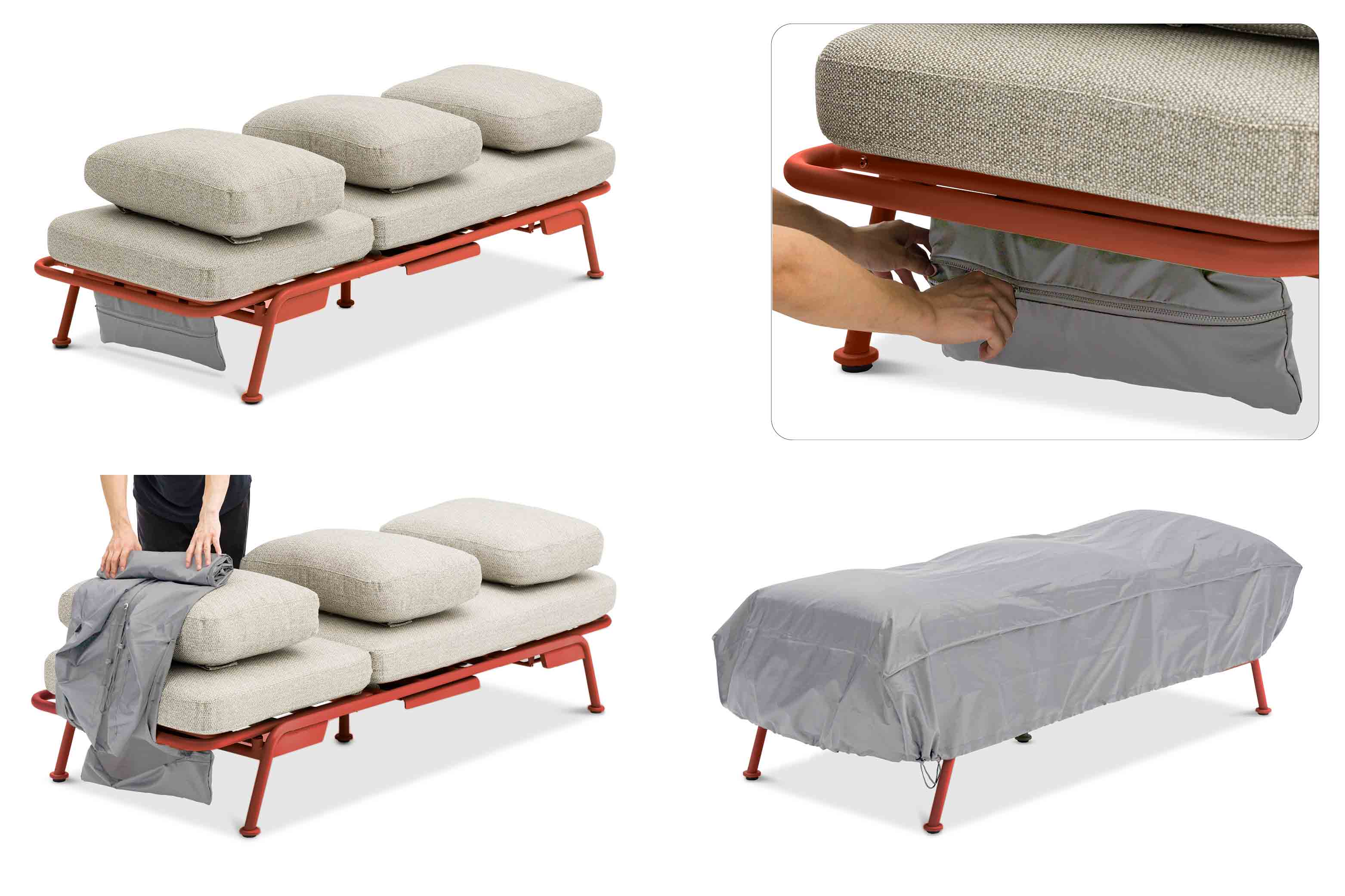 Salon de jardin modulable Sunny en aluminium terracotta, coussins beige clair, dossier pliable intégré, design belge.