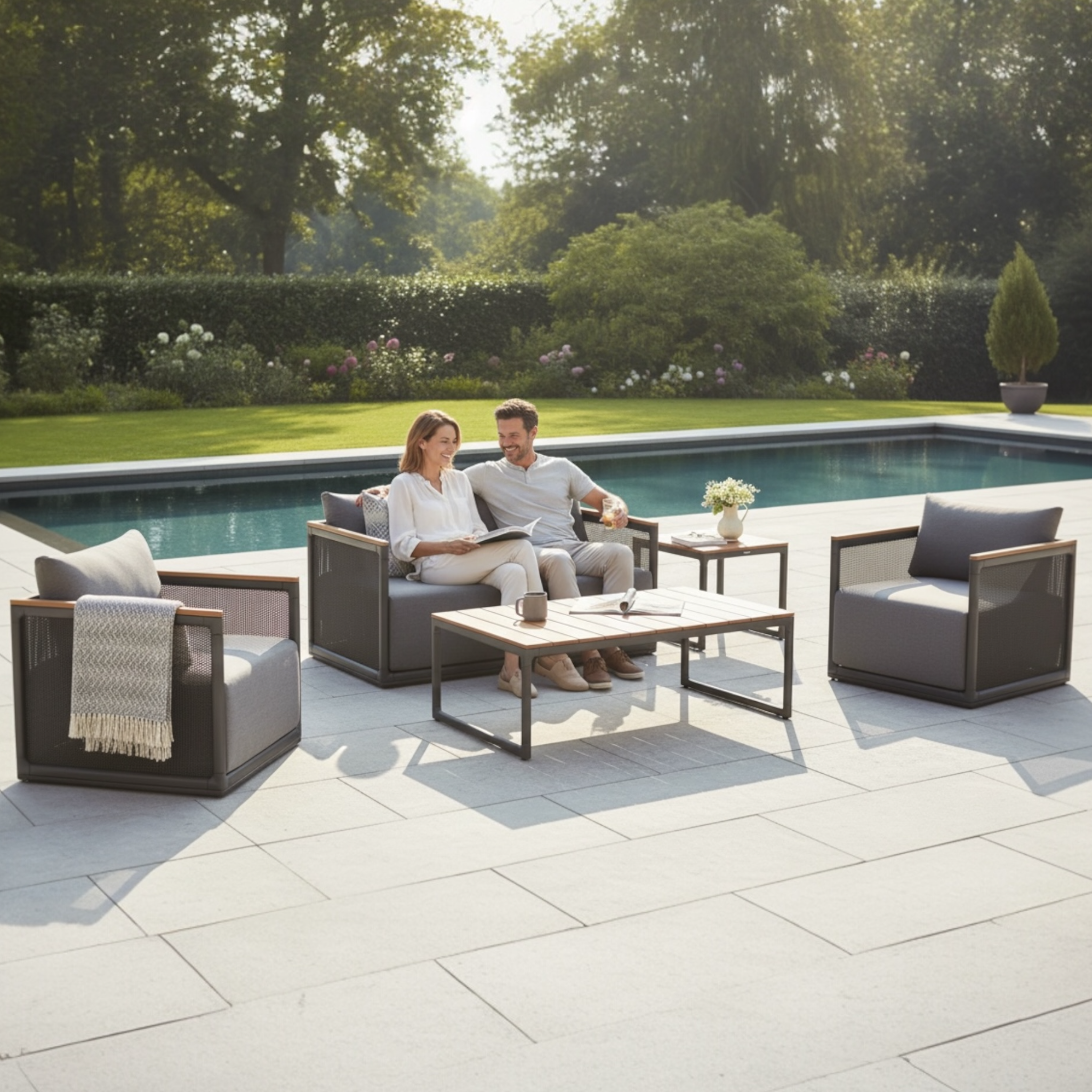 Joli salon de jardin 4 places en aluminium et en teck 