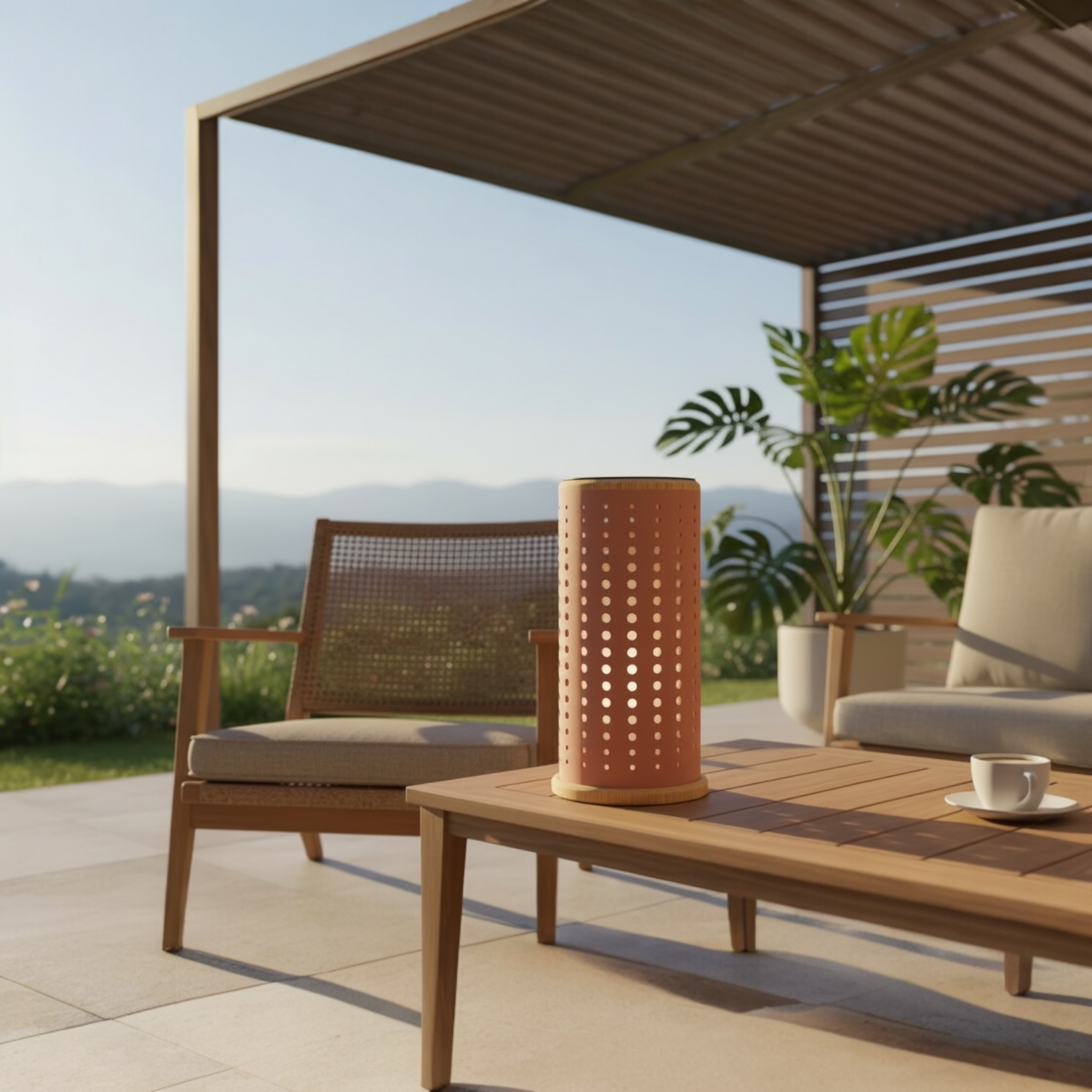 Très belle lampe mise en valeur sur table basse avec support en teck 