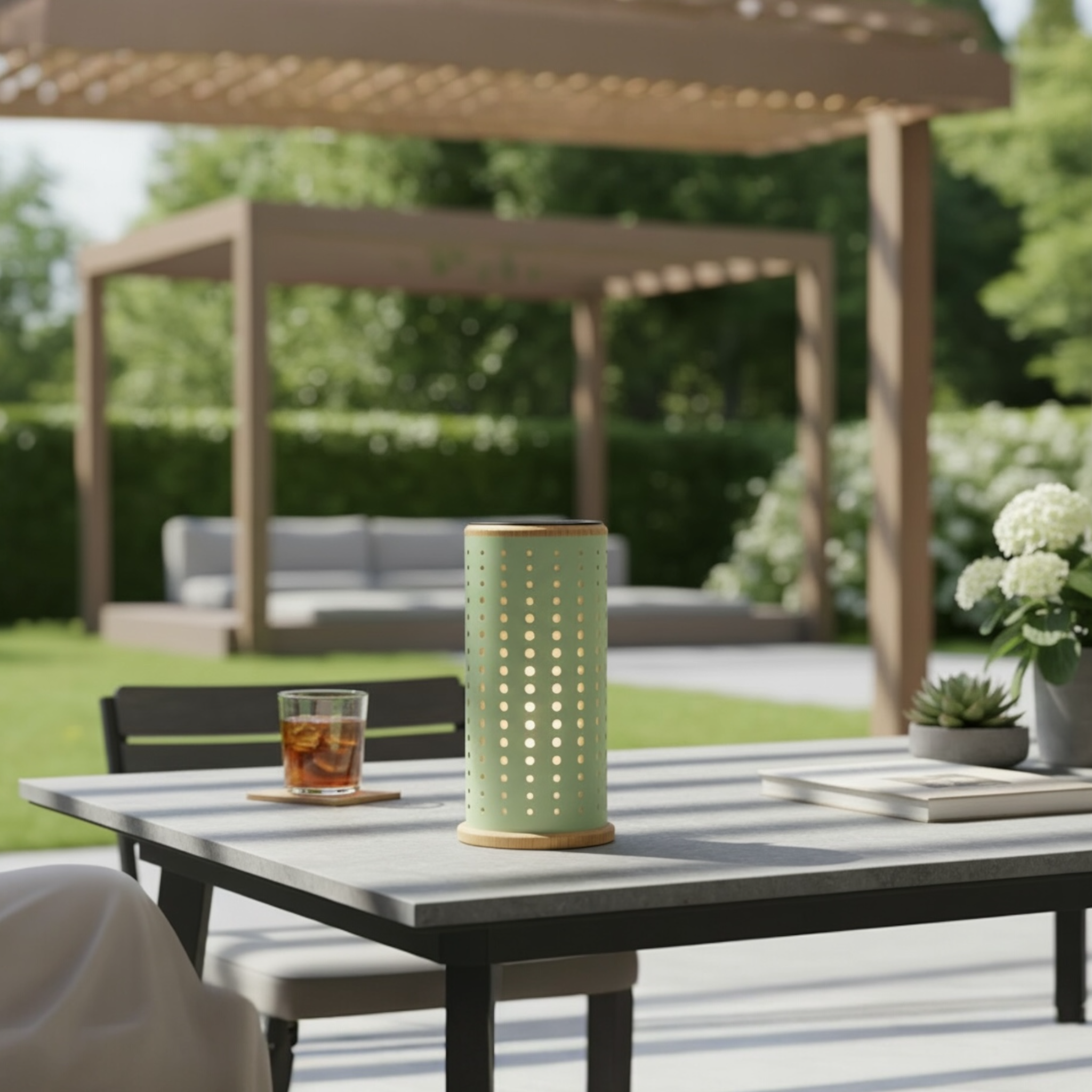 Détail de la lampe solaire verte ARLO en journée 