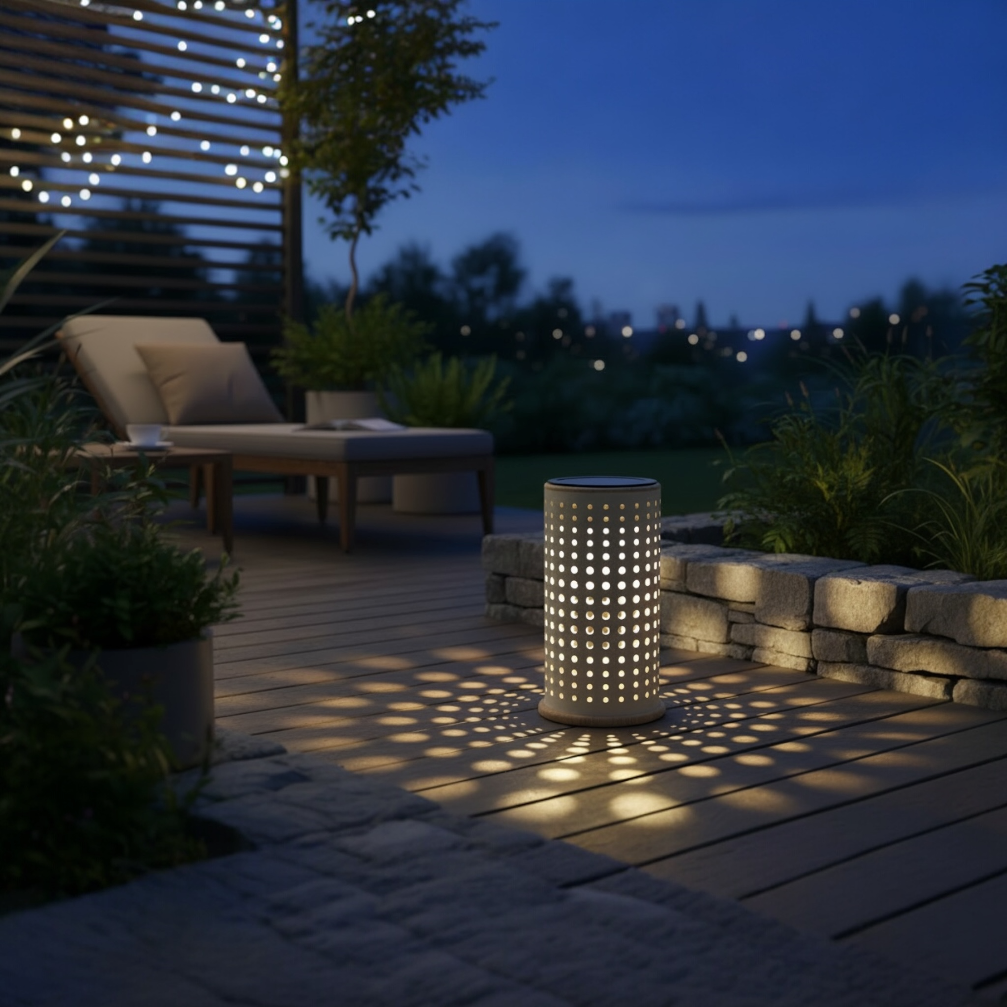 Lampe d'ambiance mise en avant dans un décor à la nuit tombée 