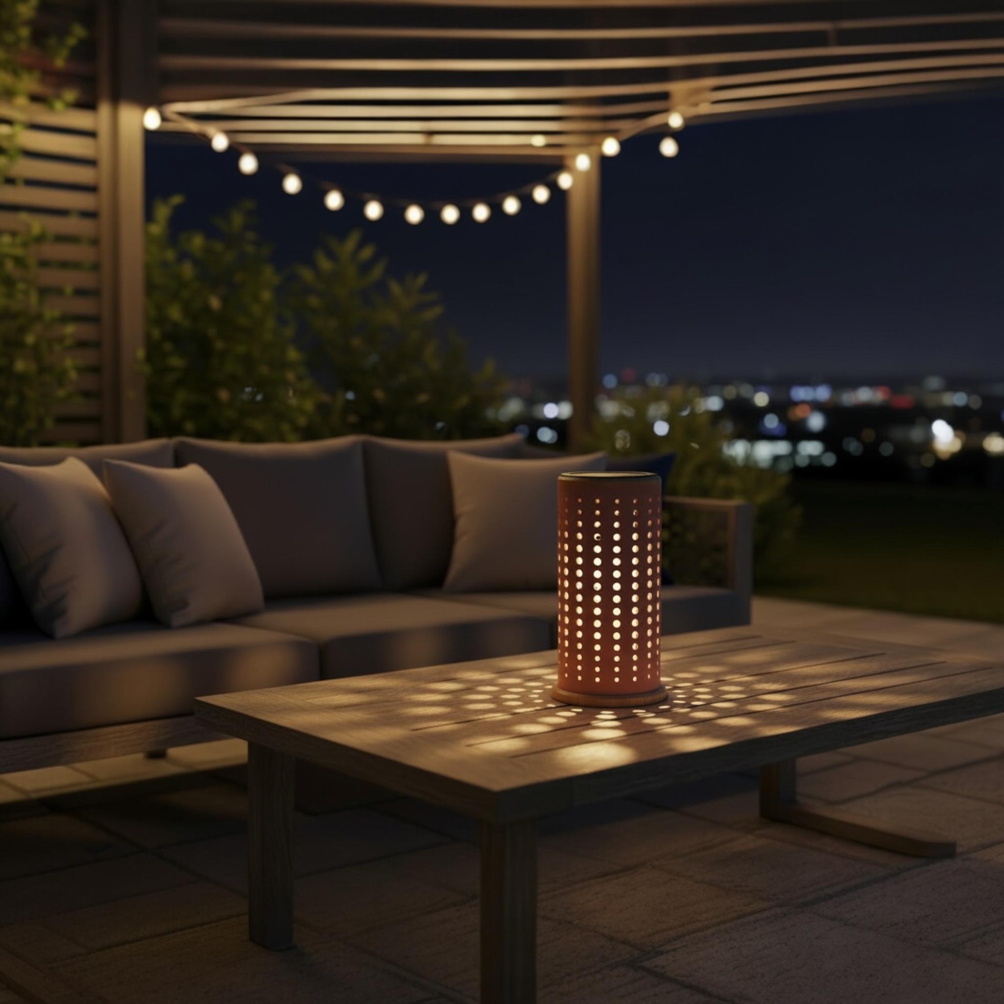 Détail de la lampe solaire dans un décor de nuit avec effet ombrage